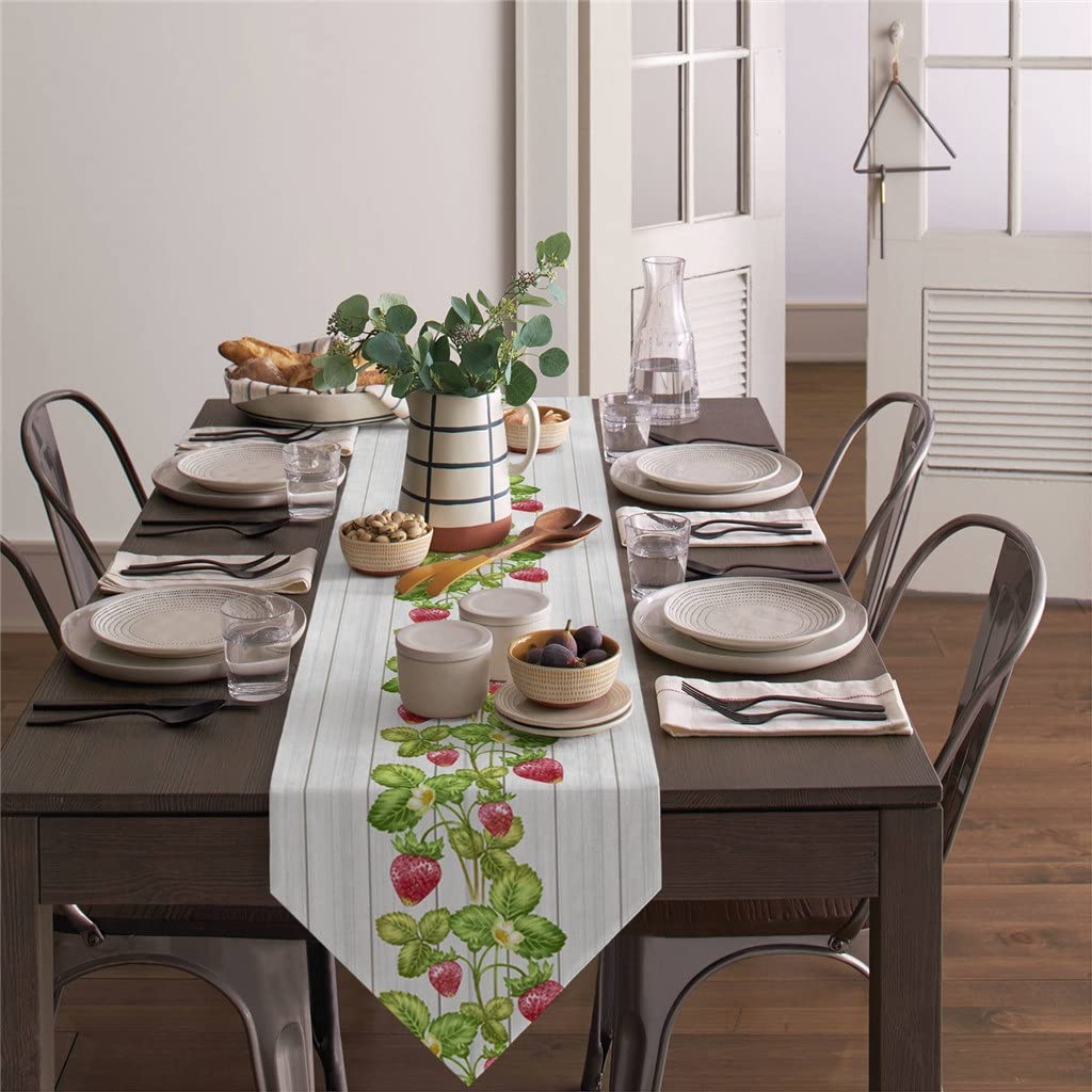 Elegant Spring Fruit Strawberry Wood Grain Table Runner - 33x229cm Wedding Decor, Holiday Kitchen & Dining Tablecloth, Perfect for Parties & Home Decor (Color A)