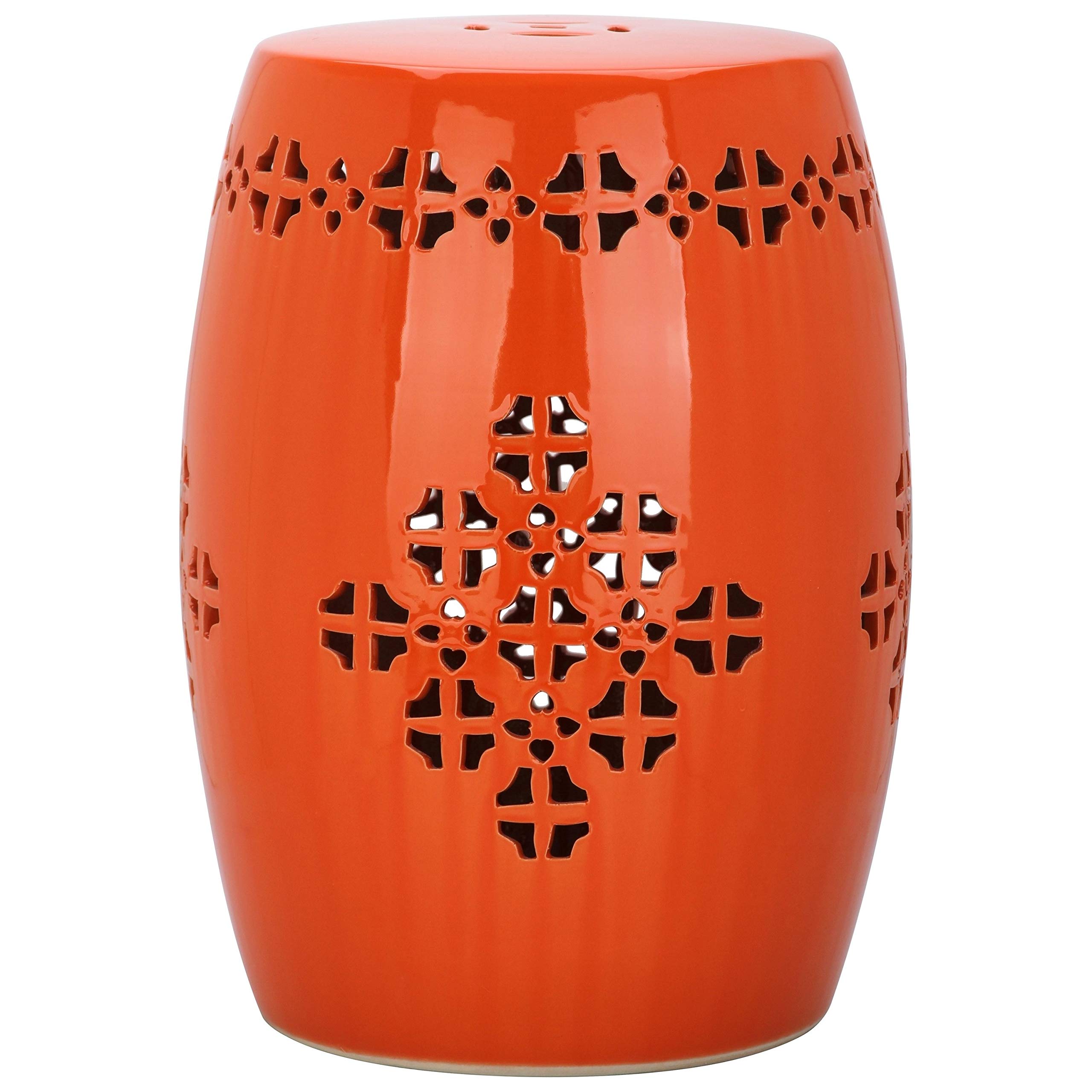 Orange Boho Plant Stand - Moroccan Coastal Ceramic Outdoor Stool with Geometric Design for Patio, Deck & Backyard Decor | Perfect for Bohemian Garden, Lawn & Asian-Inspired Outdoor Spaces