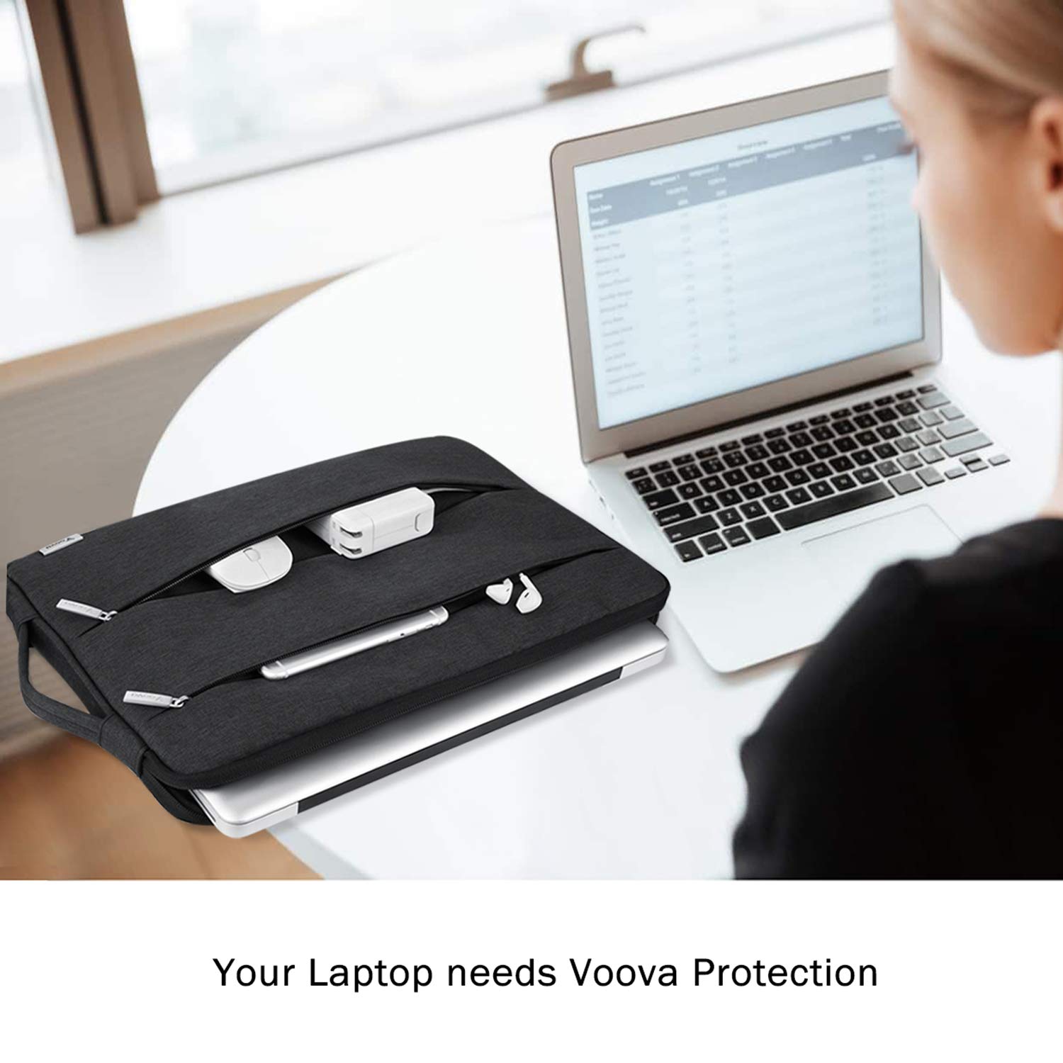 Voova 13-13.6 Inch Waterproof Laptop Sleeve Case - Compatible with MacBook Air/Pro 13 M2/M1, Surface Laptop 5/4, Surface Pro X/9/8, iPad Pro 12.9 - Shockproof Computer Bag with Handle (Black) - Perfect for Travel, Work & School Protection