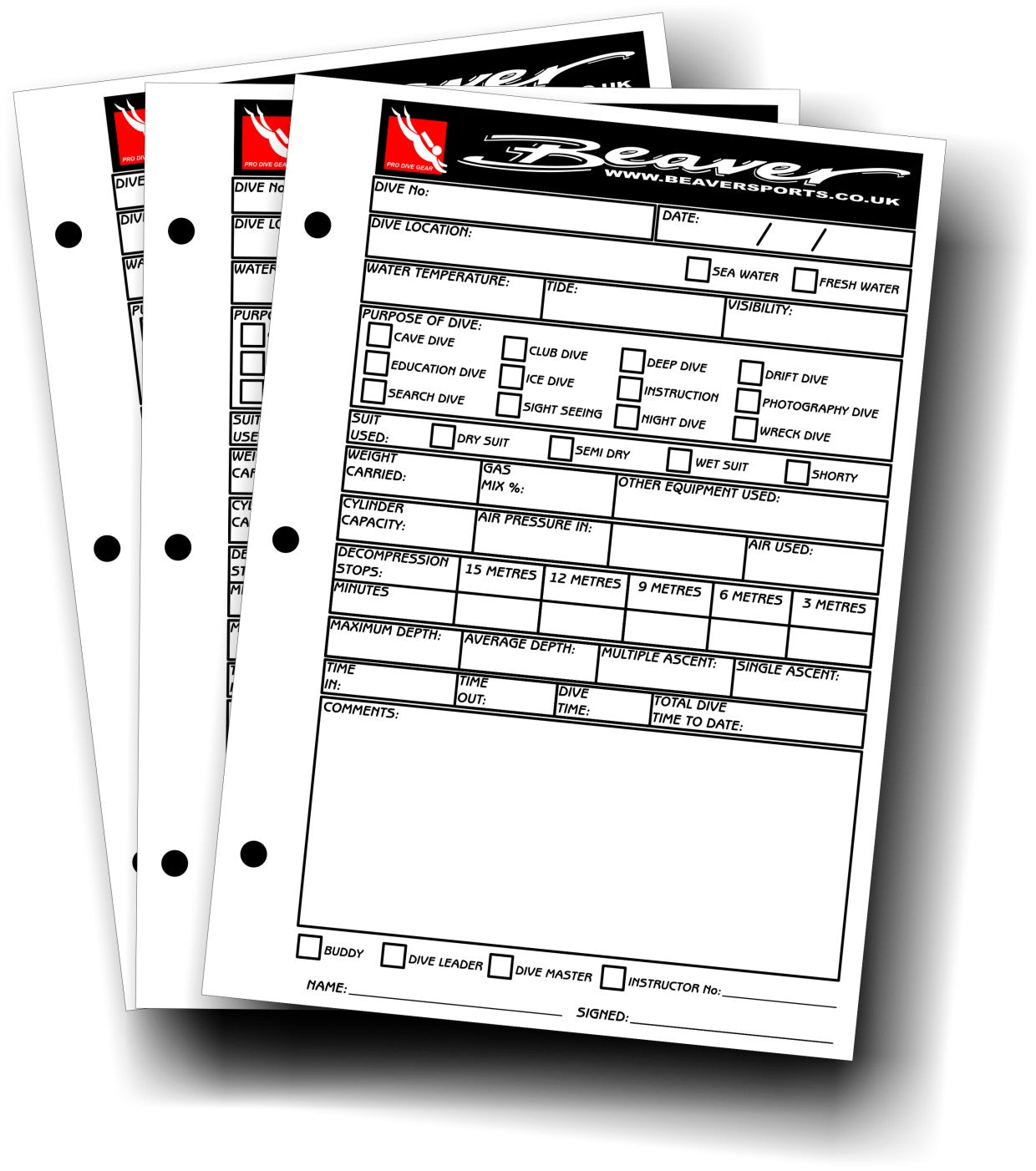Beaver Dive Log Book Inserts - 50 Sheets for Scuba Diving, Snorkeling & Underwater Adventures - Waterproof & Durable Dive Journal Refills