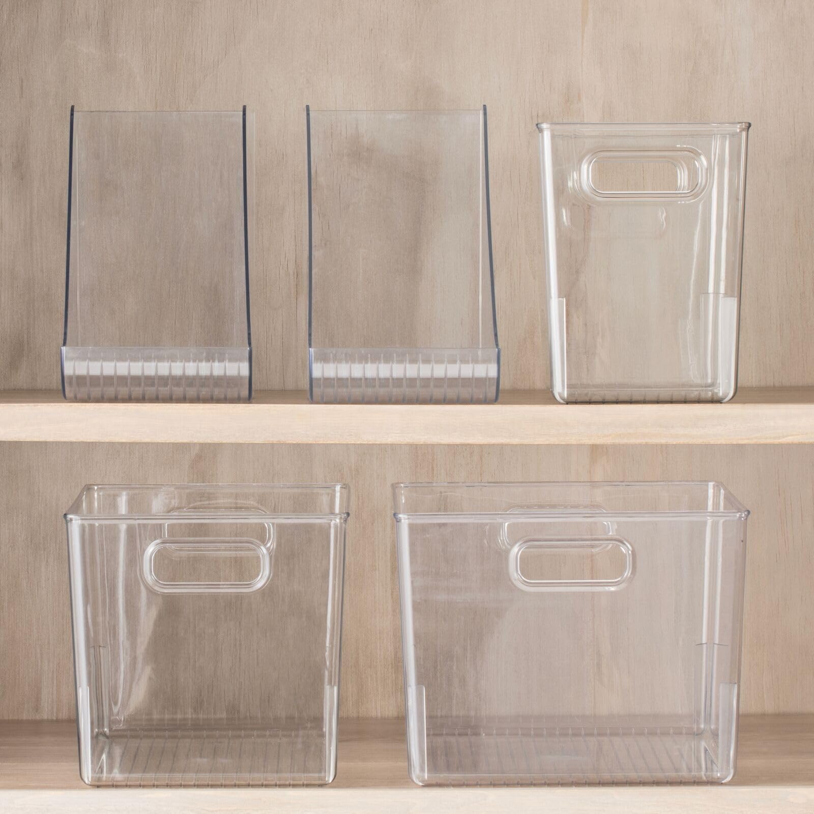 mDesign Tall Deep Rectangular Plastic Office Supplies Storage Organizer Bin with Carrying Handles - Perfect for Organizing Pads, Pens, Pencils, Dry Erase Markers, Highlighters & Sticky Notes | Ligne Collection 4-Pack Clear | Ideal for Home Office, School & Workspace Organization
