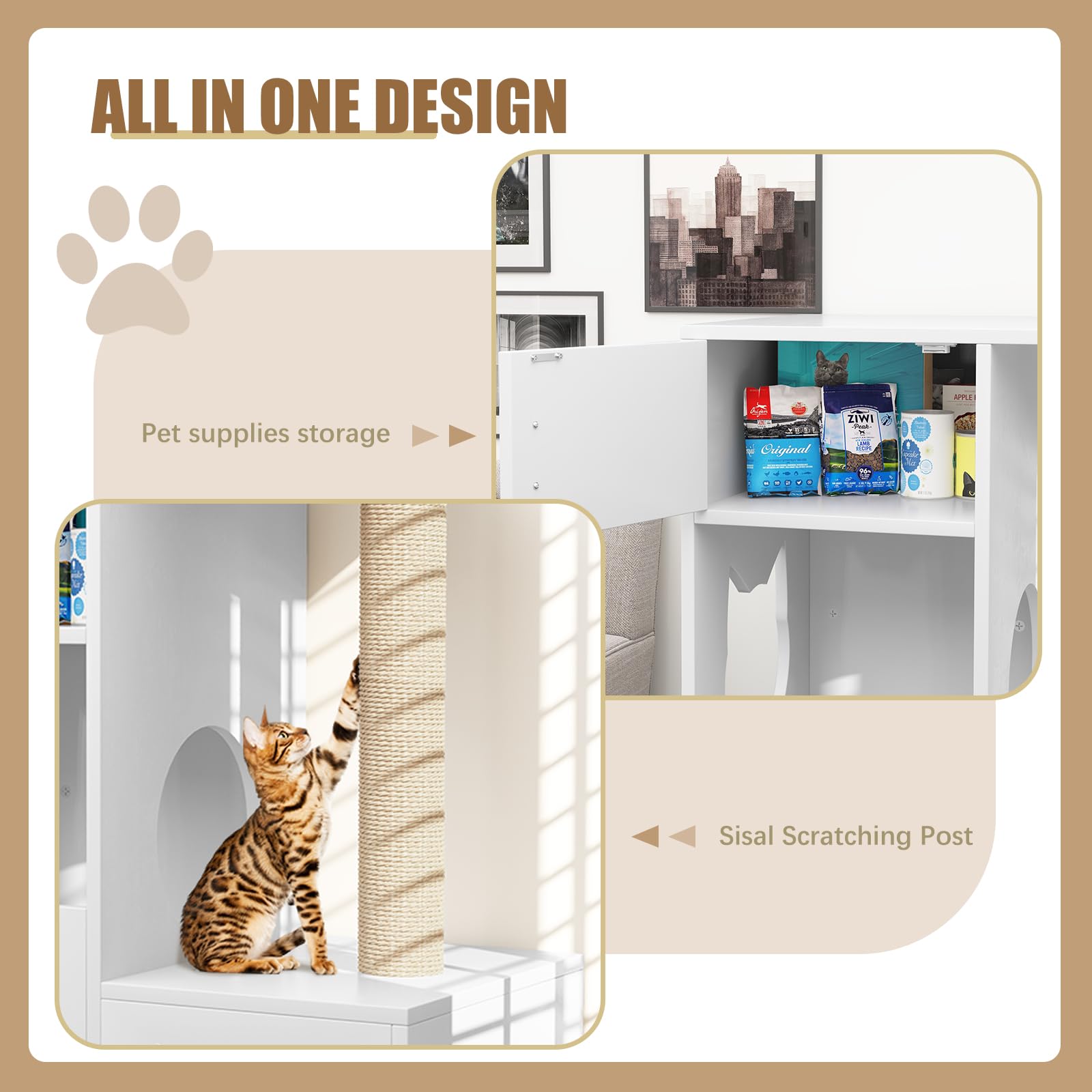 White Wooden Cat House with Scratching Post - Indoor Cat Furniture for Play & Rest