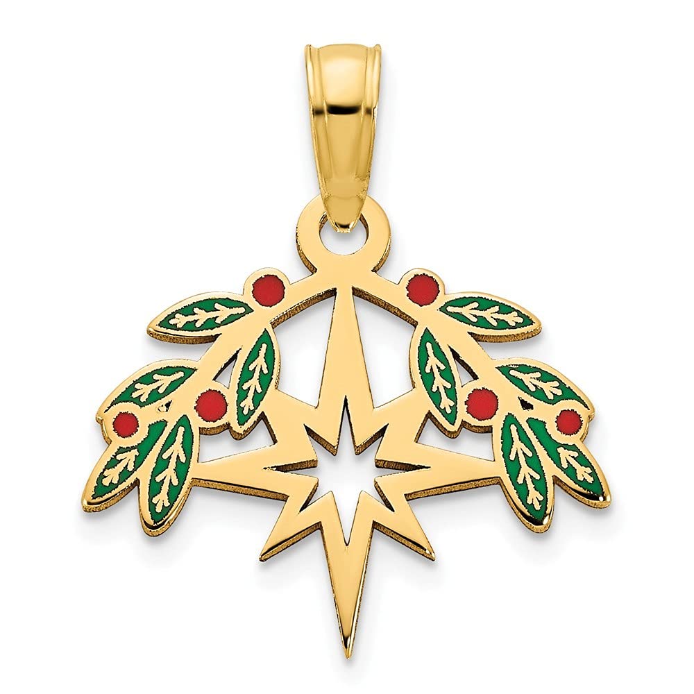 14K Yellow Gold Epoxy Mistletoe and North Star Pendant Necklace for Women - Elegant Christmas Jewelry Gift for Her, Perfect for Holiday Parties, Weddings & Special Occasions