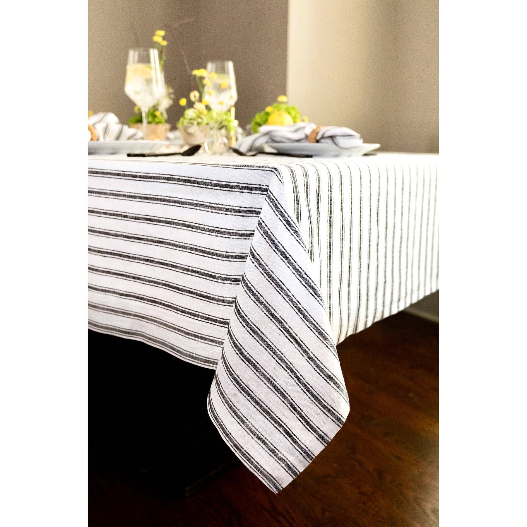 Stylish Capri Ticking Stripe Tablecloth - Waterproof & Washable Cotton Table Cover for Dining Room, Kitchen, and Outdoor Picnics
