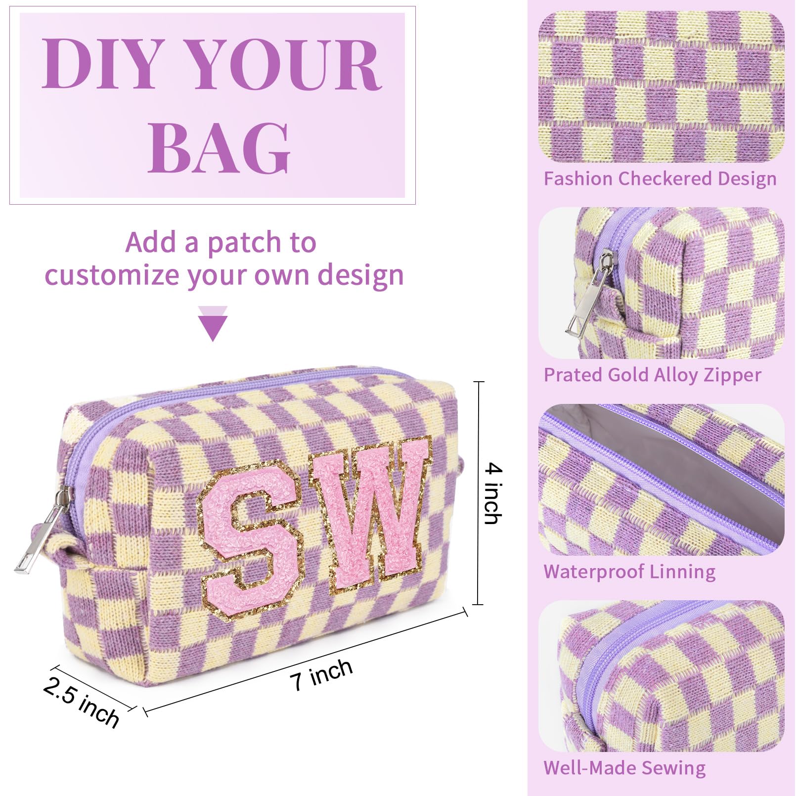 6-Piece Preppy Makeup Bag Set - Bulk Checkered Cosmetic Pouches in Purple | Personalized Travel Toiletry Organizer | Cute DIY Makeup Brushes Storage for Women | Perfect for Travel, Gifts & Daily Beauty Organization