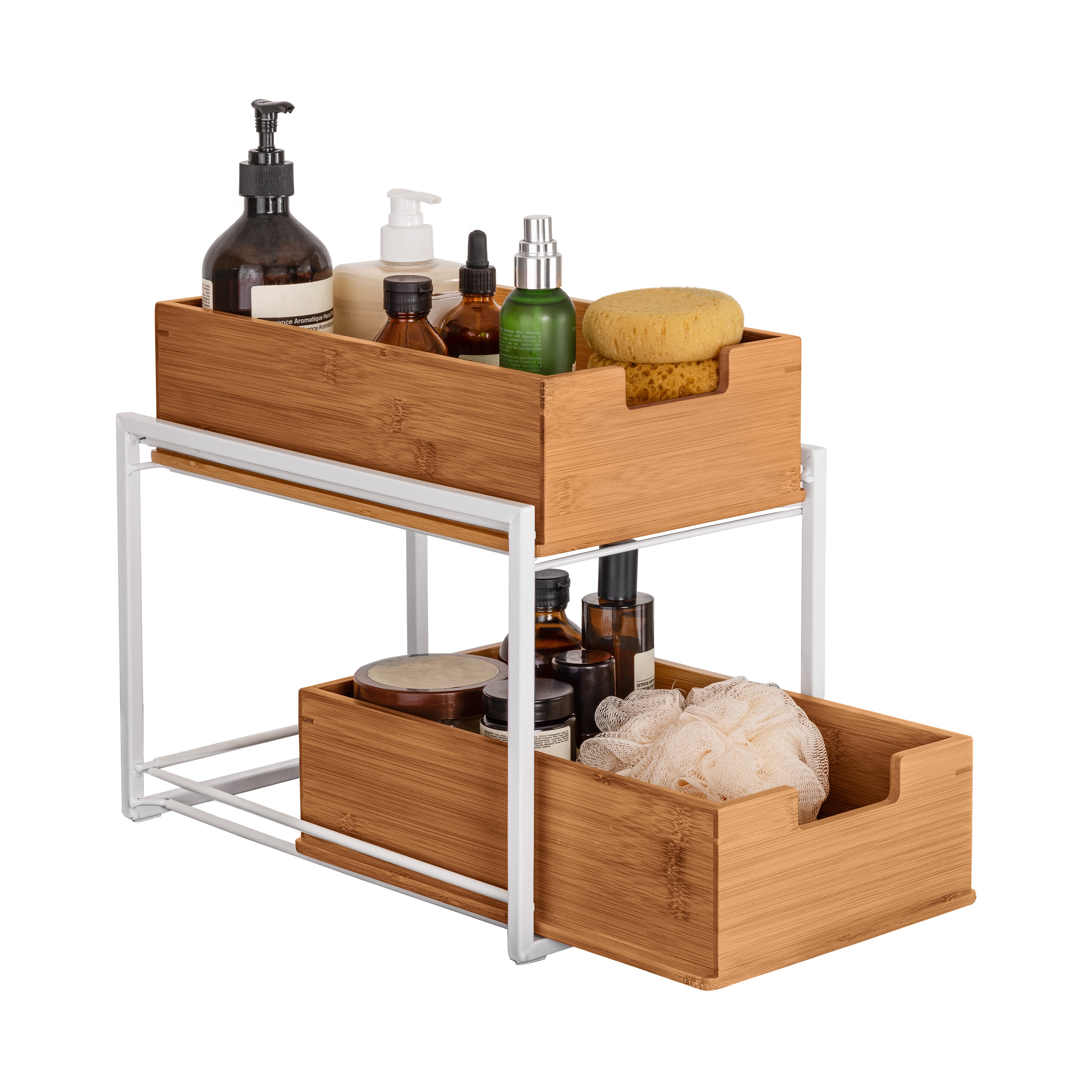 2 Tier Bamboo Sliding Baskets - Stackable Storage Organizer for Kitchen, Bathroom & Closet - Space Saving Home Organization Solution
