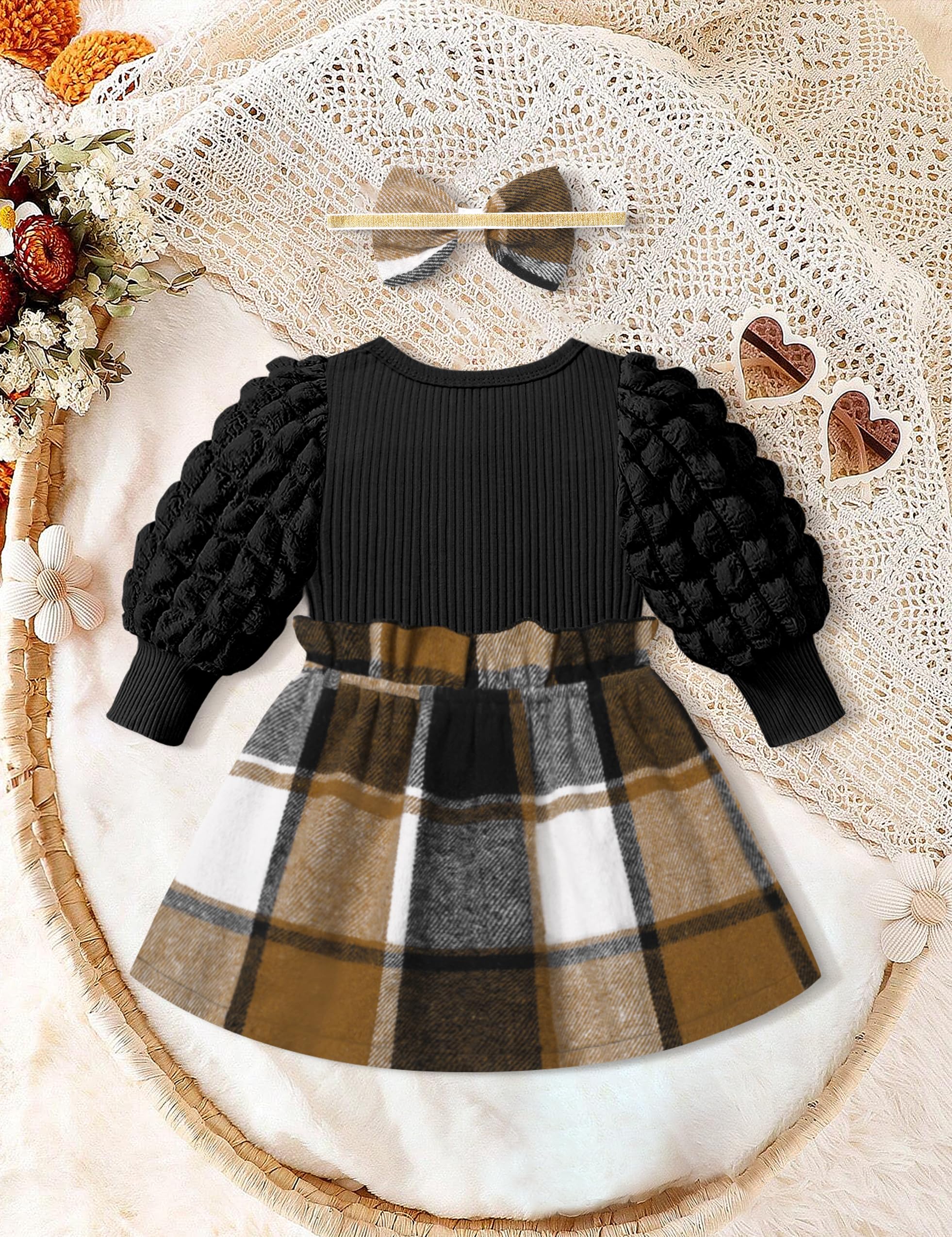 Qaoerde Baby Girl Dress - Puff Sleeve Plaid Ribbed Newborn Outfit with Bowknot Headband | Fall Winter Clothes for Infants | Perfect for Holiday Photos, Birthday Parties & Family Gatherings