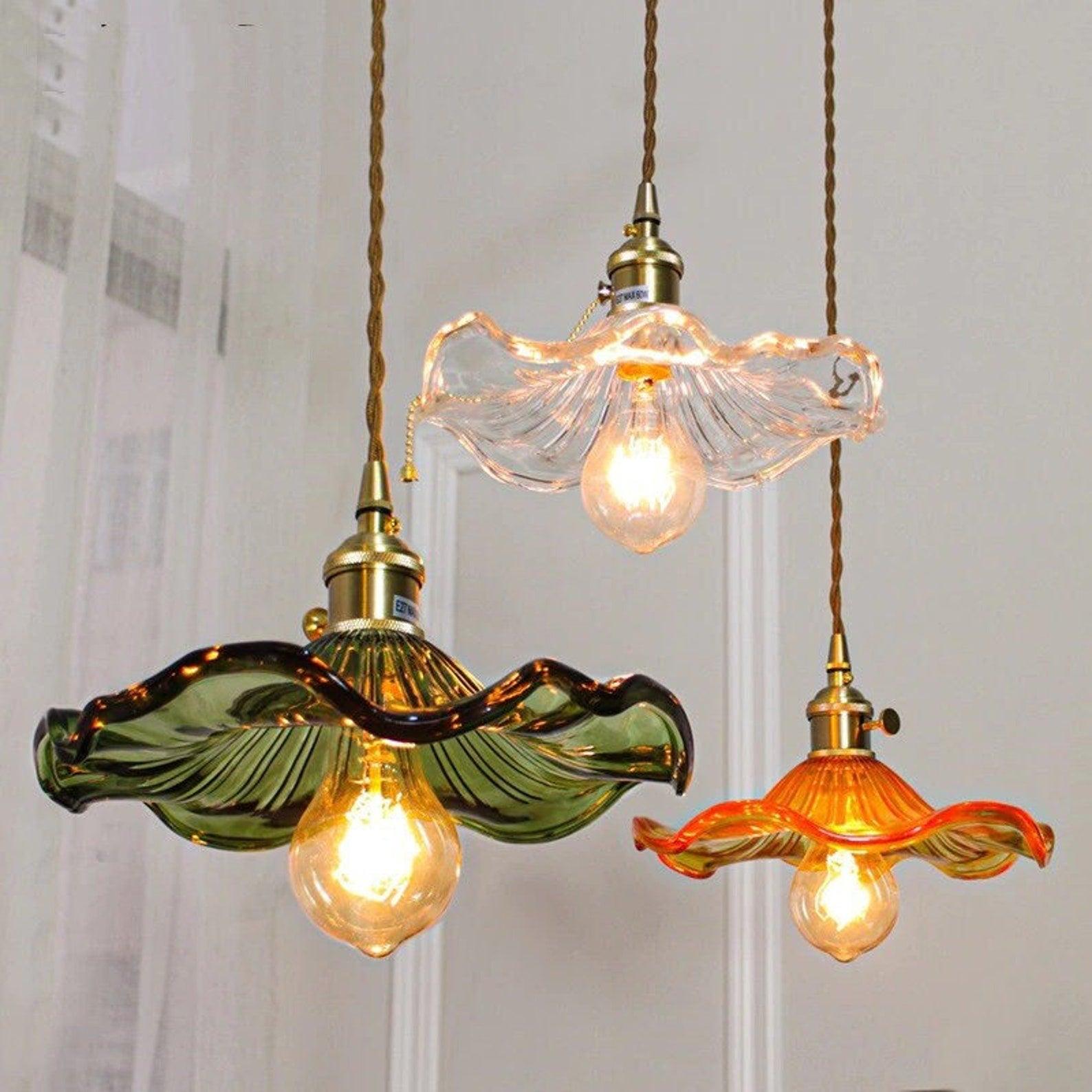 Handmade Glass Hibiscus Flower Pendant Light - Elegant Tropical Ceiling Lighting for Dining Room, Bedroom, or Patio Decor