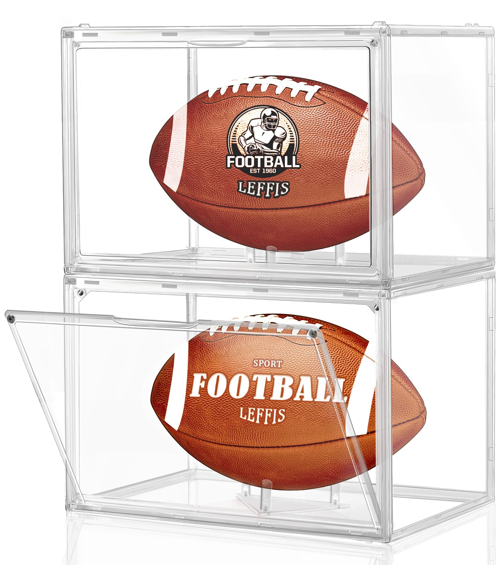 2 Pack Football Display Case with Magnetic Door & Removable Stand - Leffis Premium Memorabilia Showcase for Autographed Footballs (Assembly Required) - Perfect for Sports Collectibles, Man Cave Decor & Trophy Display
