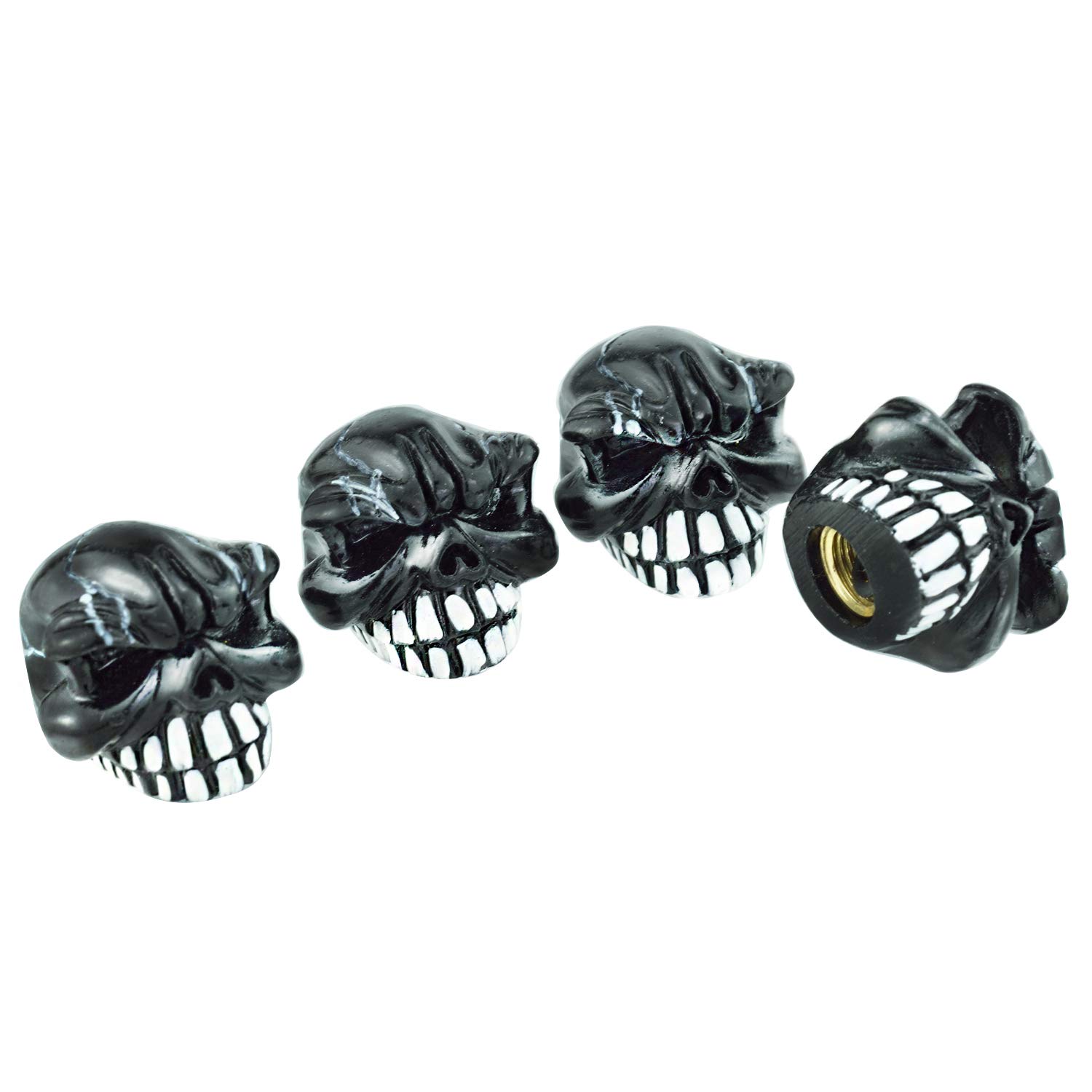 Arenbel Skull Valve Stem Caps 4 Pack - Black Metal Tire Valve Covers for Cars, SUVs, Trucks, Motorcycles & Bicycles - Durable Car Accessories for Customization & Off-Road Protection
