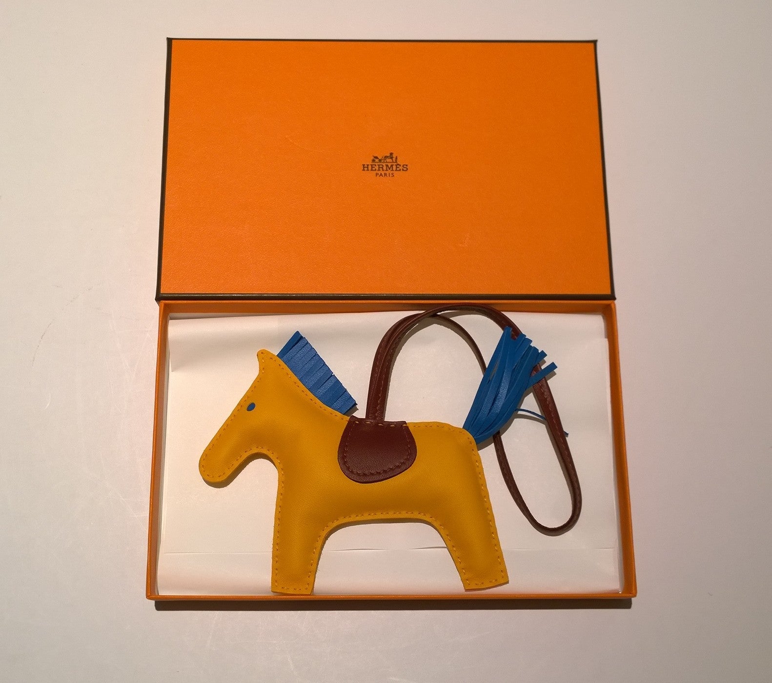 Hermès Rodeo MM Bag Charm in Jaune D'or, Bleu Zanzibar & Rouge H - Genuine Horse Leather Keychain for Luxury Handbags | Perfect for Birkin, Kelly & Designer Bag Decoration