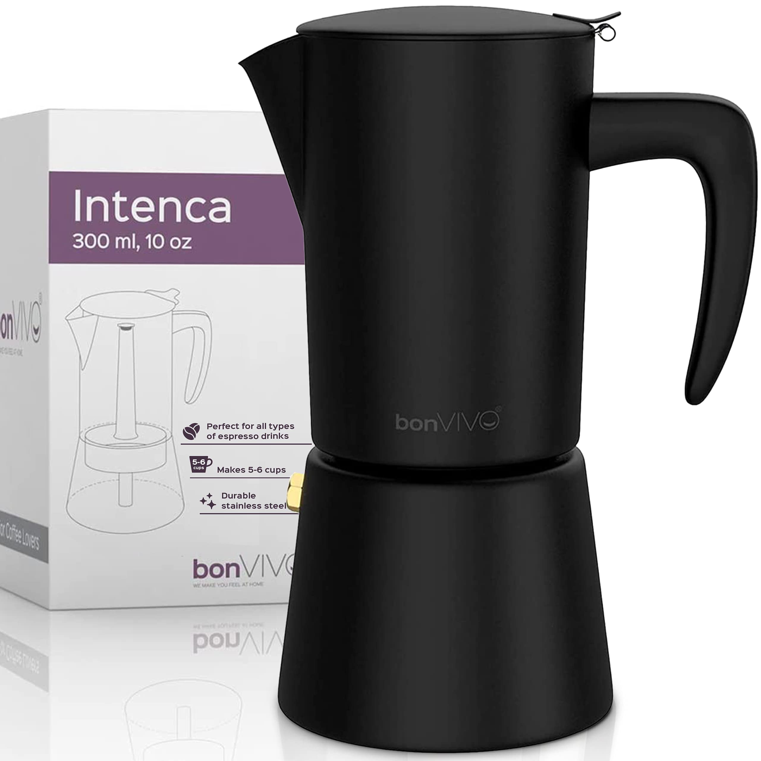bonVIVO Intenca Stovetop Espresso Maker - Premium Stainless Steel Italian Moka Pot for Rich Espresso - 6 Cup Capacity (10oz) - Perfect for Home, Camping & Outdoor Adventures - Black