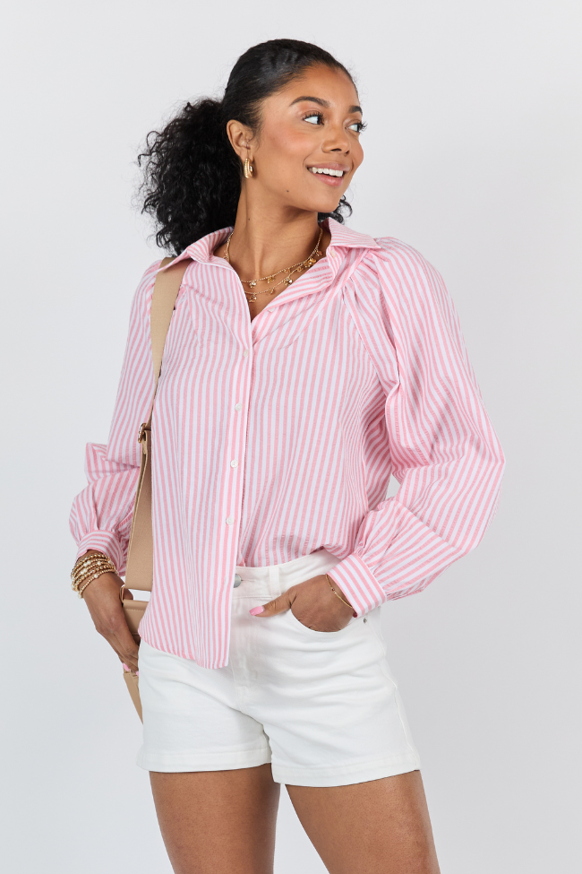 Trendy Pink Striped Button Down Shirt for Women - Stylish Casual & Office Wear - Perfect for Spring & Summer Outfits