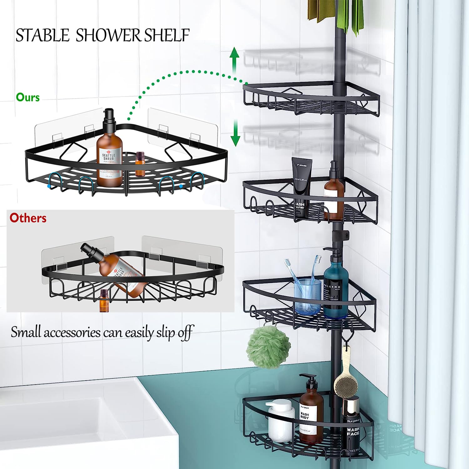 **Kadolina Adjustable Tension Pole Shower Caddy - 4-Tier Bathroom Storage Shelf (53-120 Inch Height) - Space-Saving Shampoo & Bath Accessories Organizer for Bathtub & Shower (Black)**    **Perfect for Small Bathrooms, Apartments, or Dorm Rooms – Maximize Shower Storage Without Drilling!**