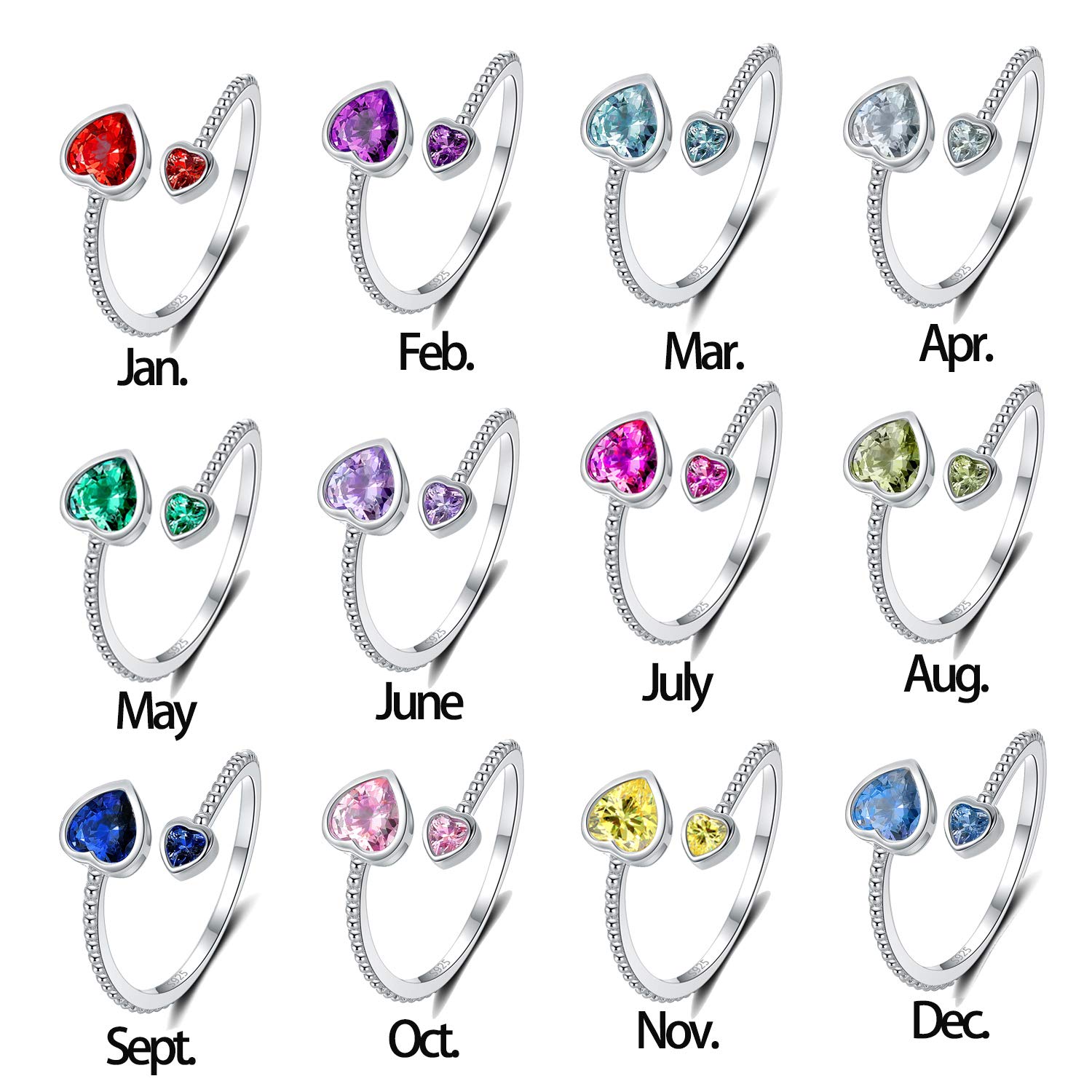 925 Sterling Silver Birthstone Rings for Women - Adjustable Open Heart Constellation Ring, Personalized Month Band Jewelry for Birthday Gifts | Perfect for Everyday Wear, Anniversary & Special Occasions