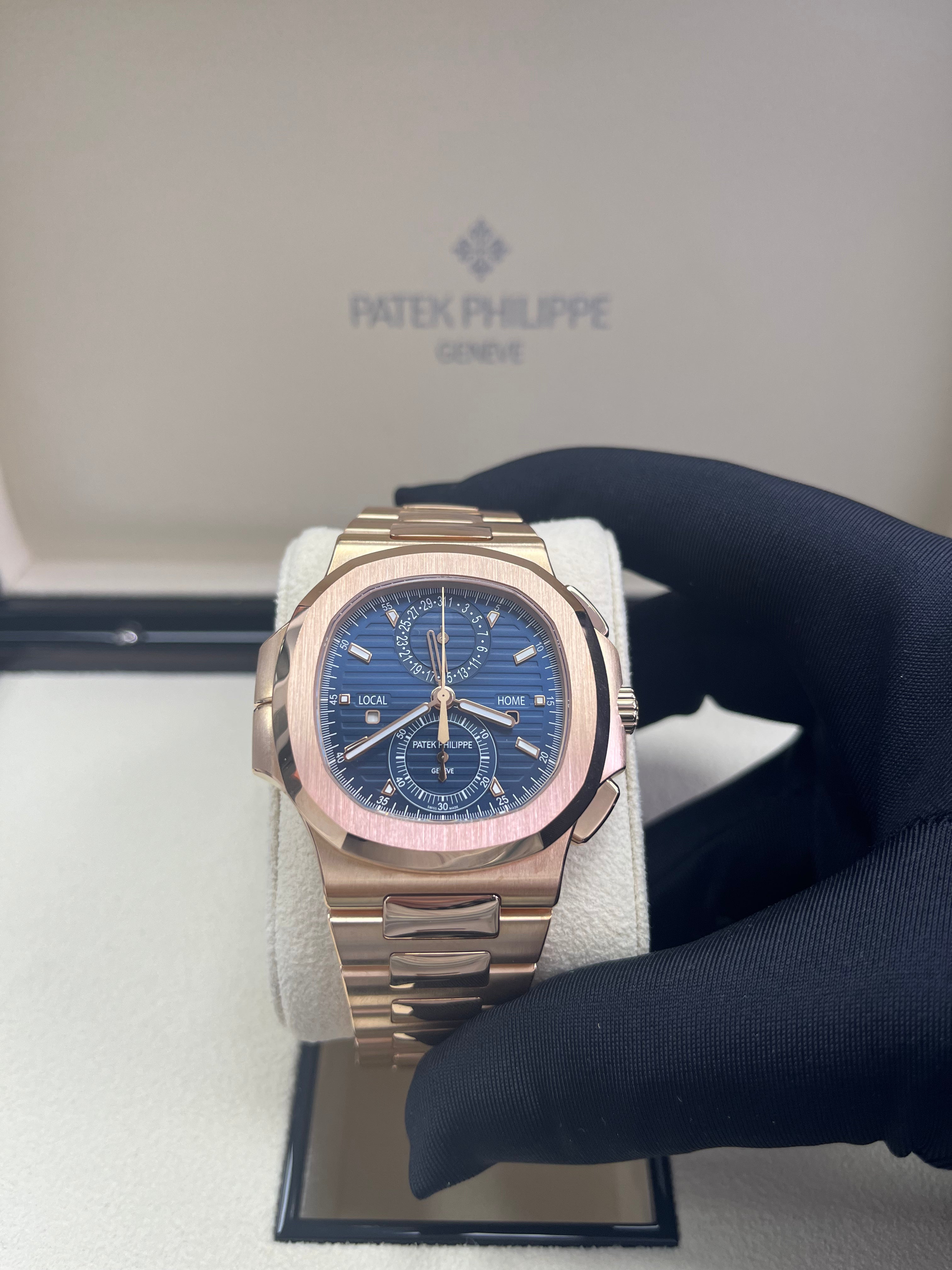 Patek Philippe Nautilus 5990/1R 001 Rose Gold Travel Time Chronograph Watch - Luxury Men's Automatic Timepiece for Business Travel & Formal Occasions