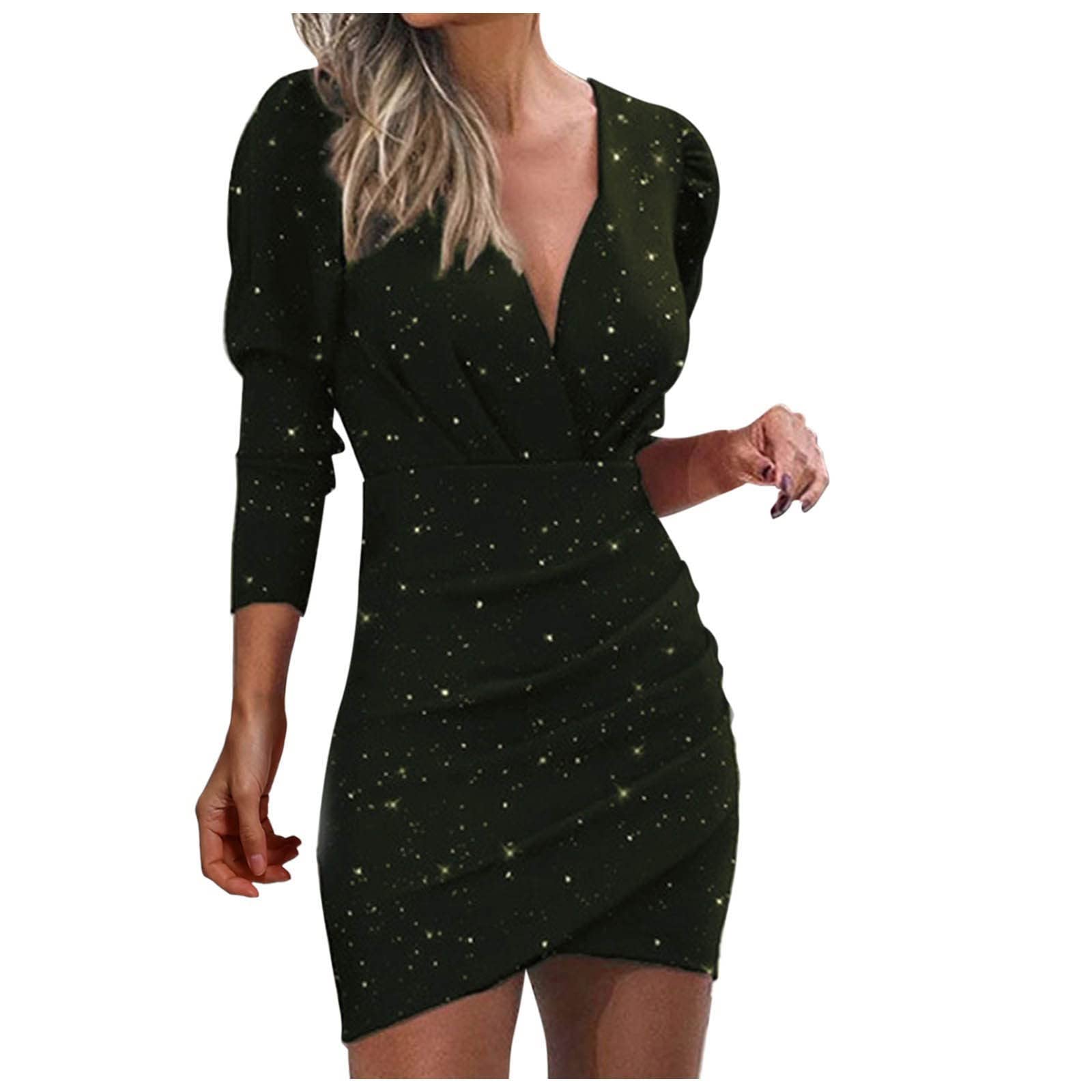 Sparkling Ruched Sequin Wrap Dress for Women - Deep V Neck Long Sleeve Clubwear & Evening Gown | Perfect for Nightclub Parties, Date Nights & Special Occasions