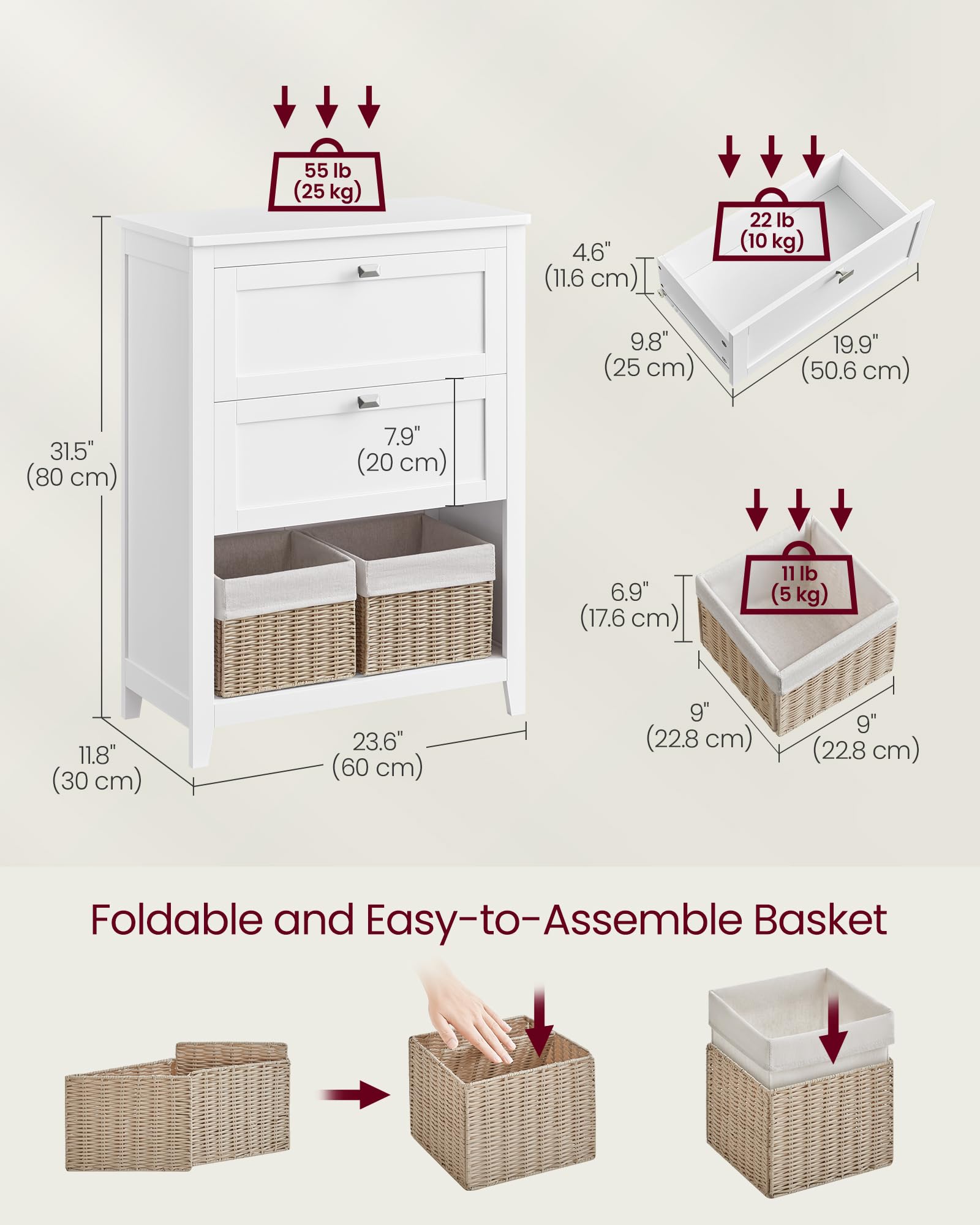 VASAGLE White Bathroom Storage Cabinet with 2 Drawers & Adjustable Dividers - 11.8