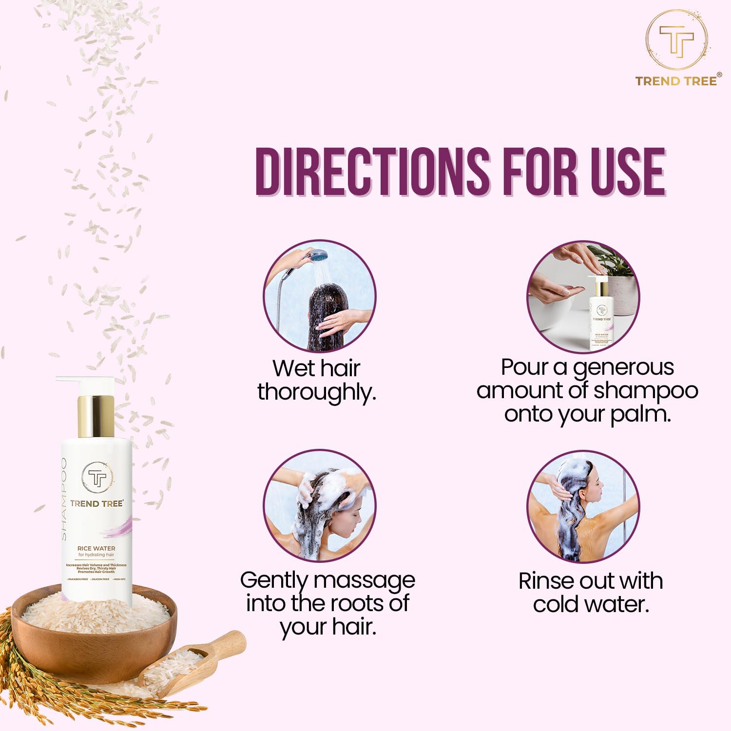 TRENDTREE® Rice Water Shampoo for Dry Damaged Hair - Hydrating & Volumizing Formula Promotes Hair Growth & Thickness - All Natural Paraben Free Silicone Free 250ml - Perfect for Daily Hair Care & Scalp Nourishment