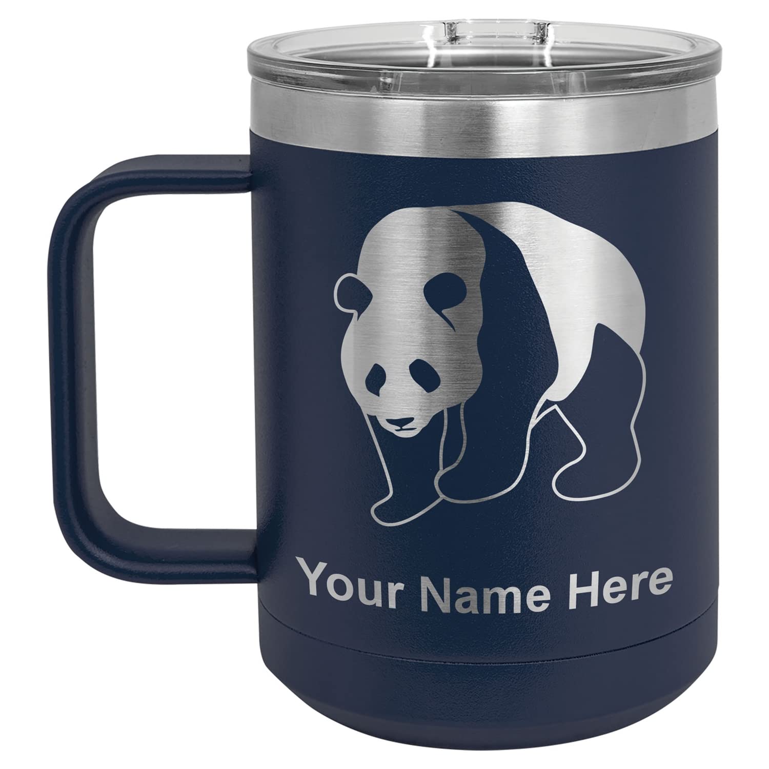 LaserGram 15oz Vacuum Insulated Stainless Steel Coffee Mug with Panda Bear Design - Personalized Engraving Included (Navy Blue) - Perfect for Office, Travel & Outdoor Adventures