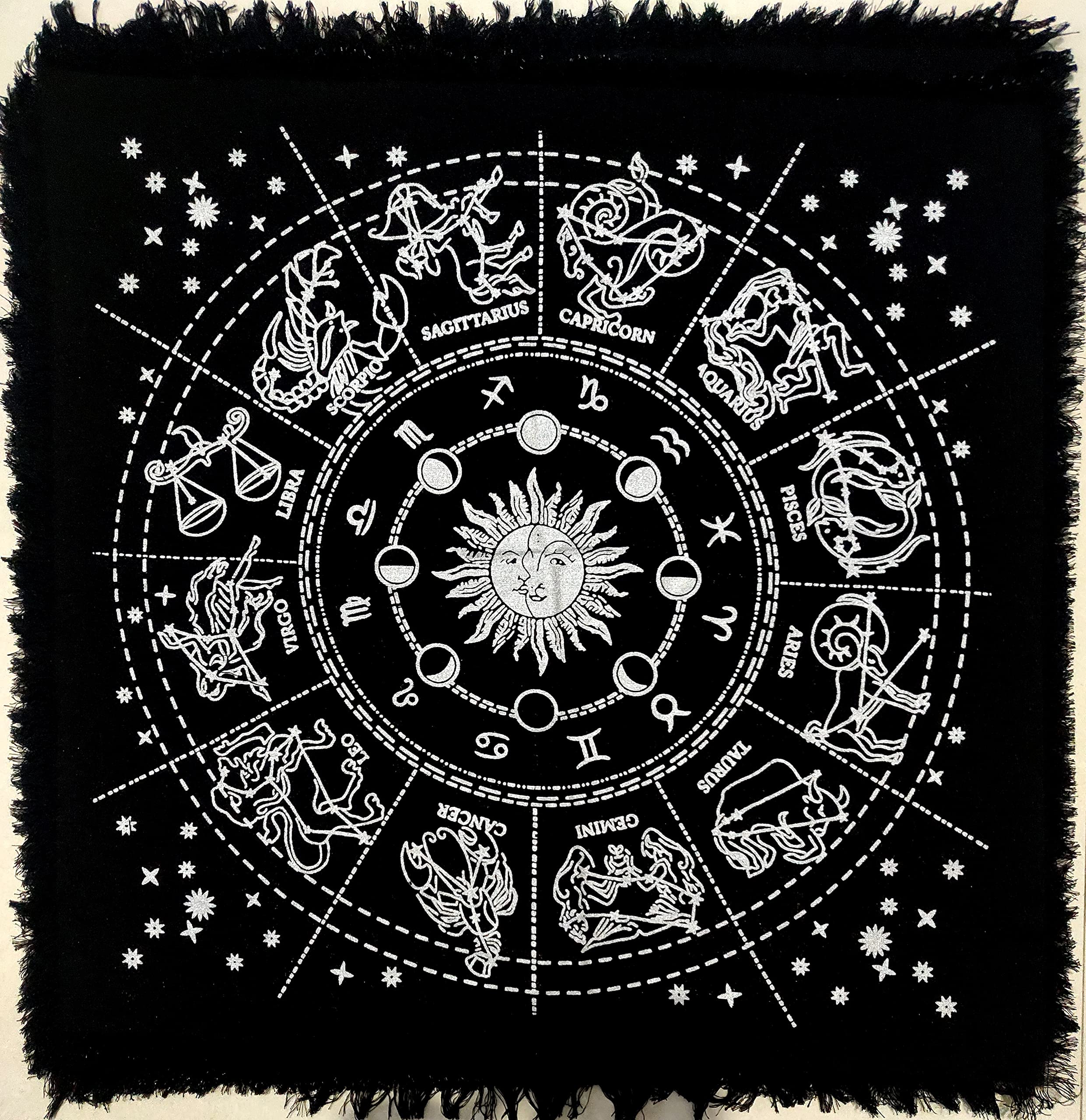 Premium 12 Constellation Altar Cloth - Sun, Moon & Stars Design for Witchcraft, Tarot, Wicca Rituals | 18x18 Inch Zodiac Silver Spiritual Cloth | Perfect for Meditation, Divination & Sacred Ceremonies