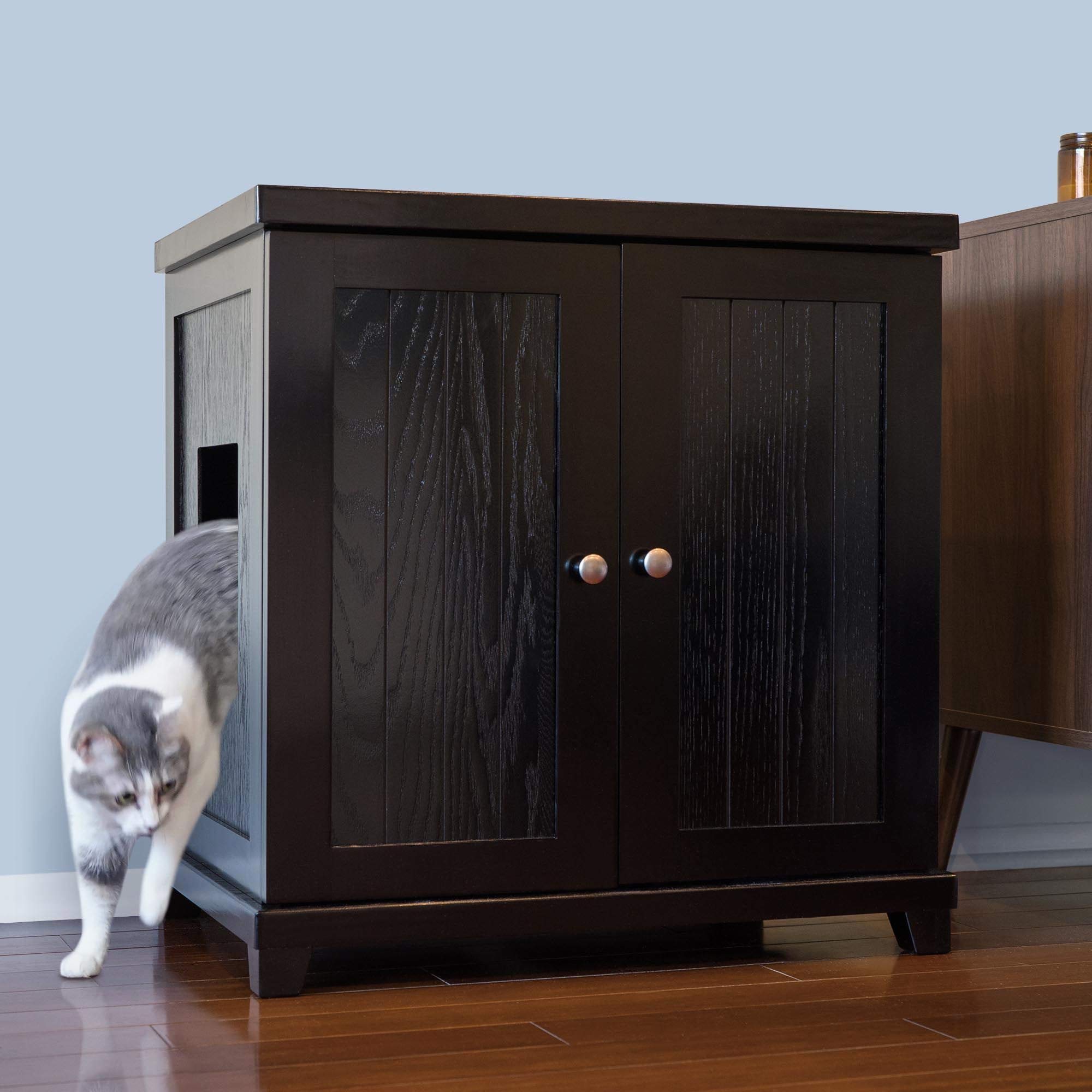 Premium Cat Litter Box Enclosure Cabinet - Hidden Litter Box Furniture with Drawer, Large Size in Black Espresso & Tapered Feet | Modern Cottage Design for Home, Living Room, or Bedroom | Odor Control & Stylish Pet Solution