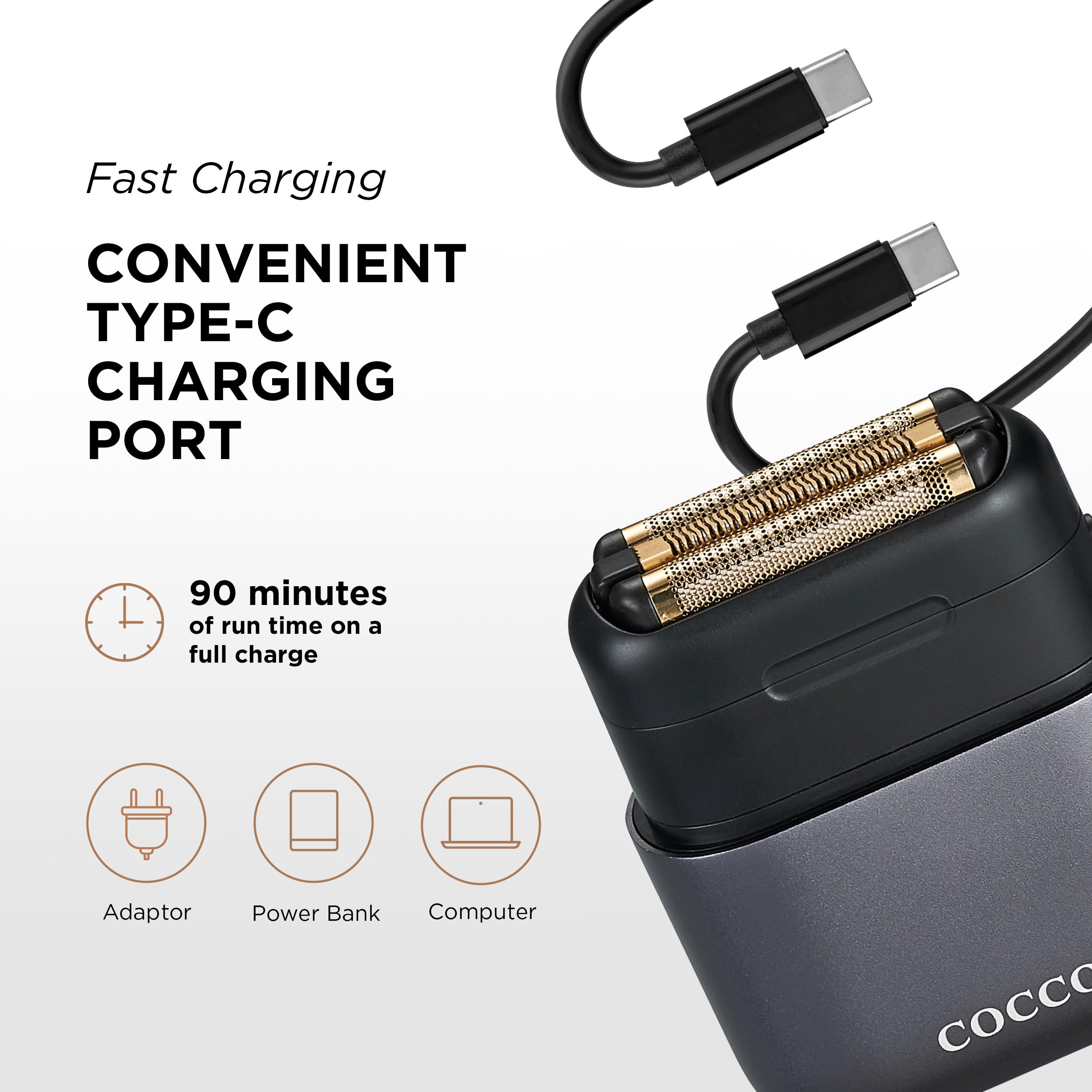 COCCO IMPACTO Electric Shaver for Men - Gold Foil Triple Blade Wet & Dry Rechargeable Razor with Magnetic Replaceable Head & Intelligent Accelerator - 90 Min Runtime - Perfect for Travel, Gym & Daily Grooming