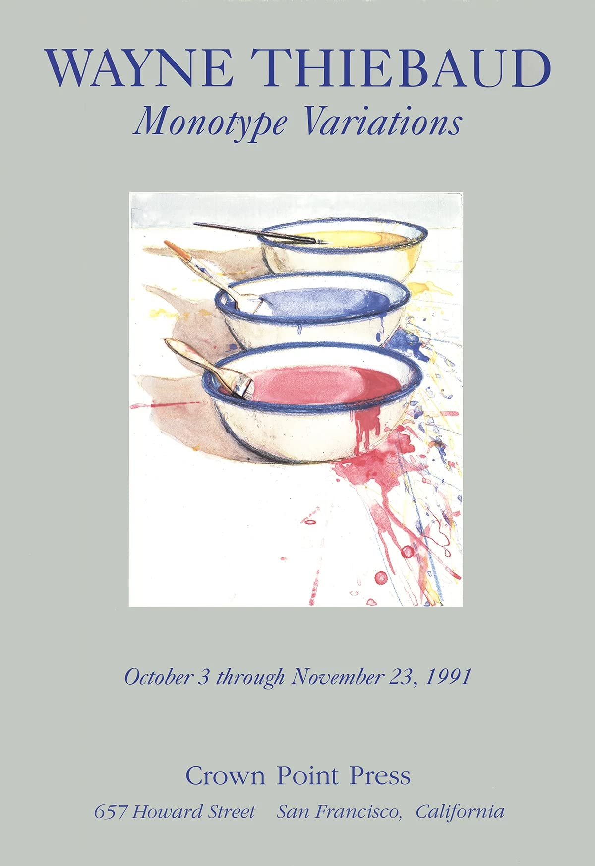 Wayne Thiebaud Monotype Variations 32x22 Inch Poster - 1991 Pop Art Print Featuring Gray Bowls, Paints & Brushes - Perfect for Art Lovers, Home Decor & Gallery Wall Display