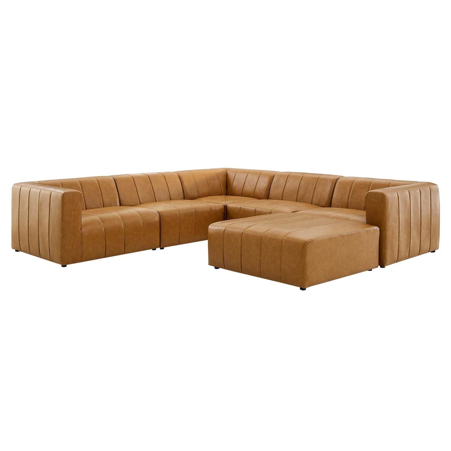 Modway Bartlett Channel Tufted Vegan Leather 6-Piece Sectional Sofa in Tan - Modern L-Shaped Couch for Living Room, Lounge & Home Theater