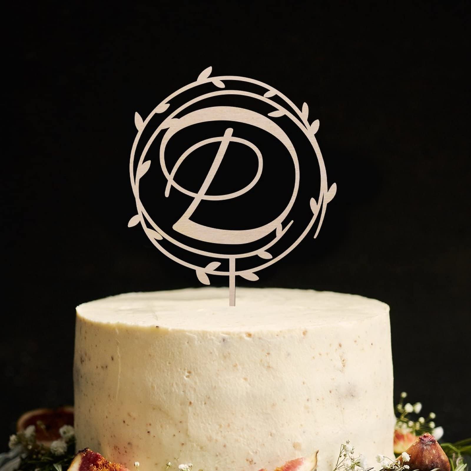 Personalized Wooden Monogram Cake Topper - Letter D Rustic Wedding & Birthday Cake Decoration - Custom Initial Wreath Topper for Wedding Cakes, Birthday Parties & Special Celebrations (Design 05)