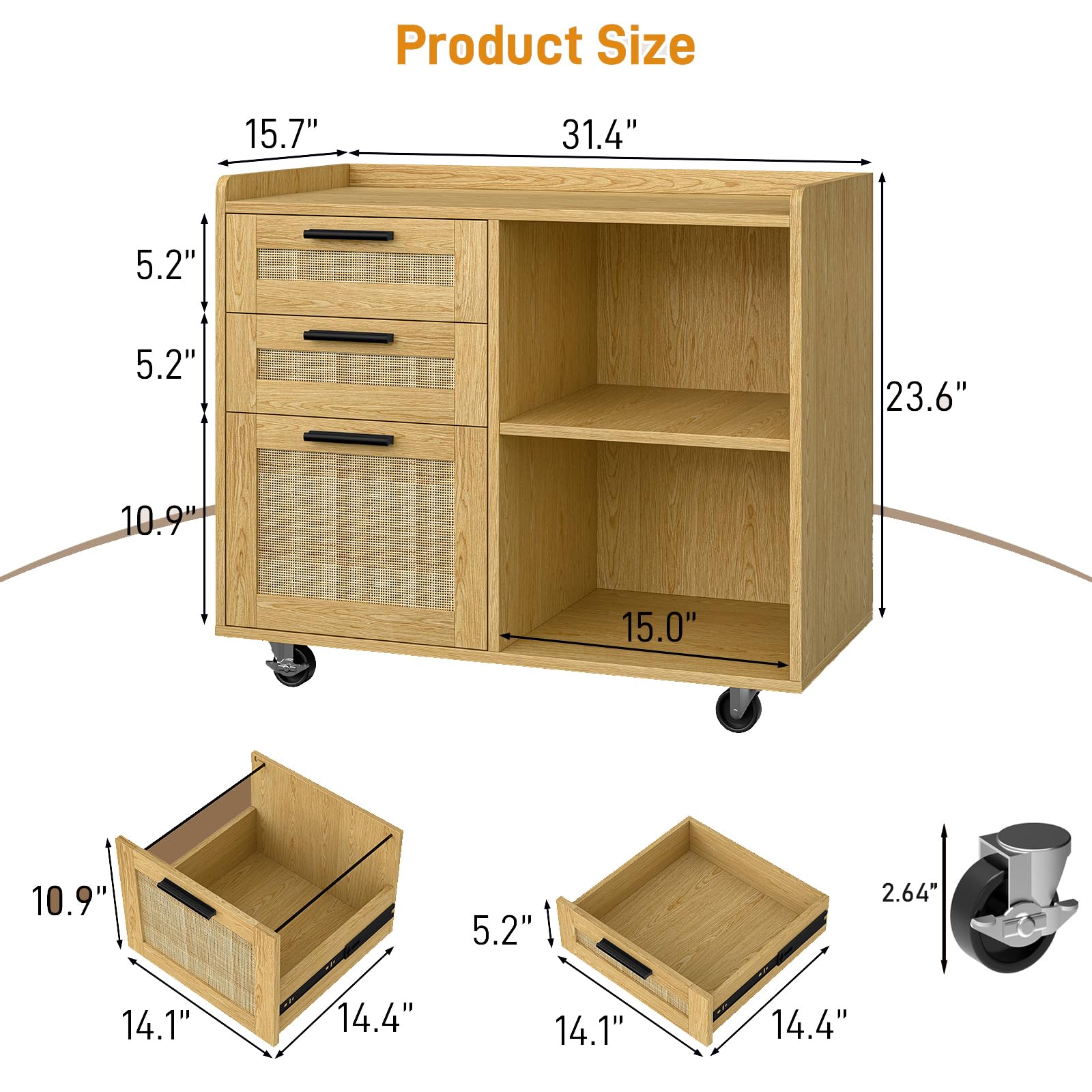 3-Drawer Mobile File Cabinet with Lock - Wooden Lateral Filing Cabinet & Printer Stand with Open Shelves for Home Office - Hanging File Storage for Letter/A4 Size Documents - Perfect for Workspace Organization & Small Office Storage