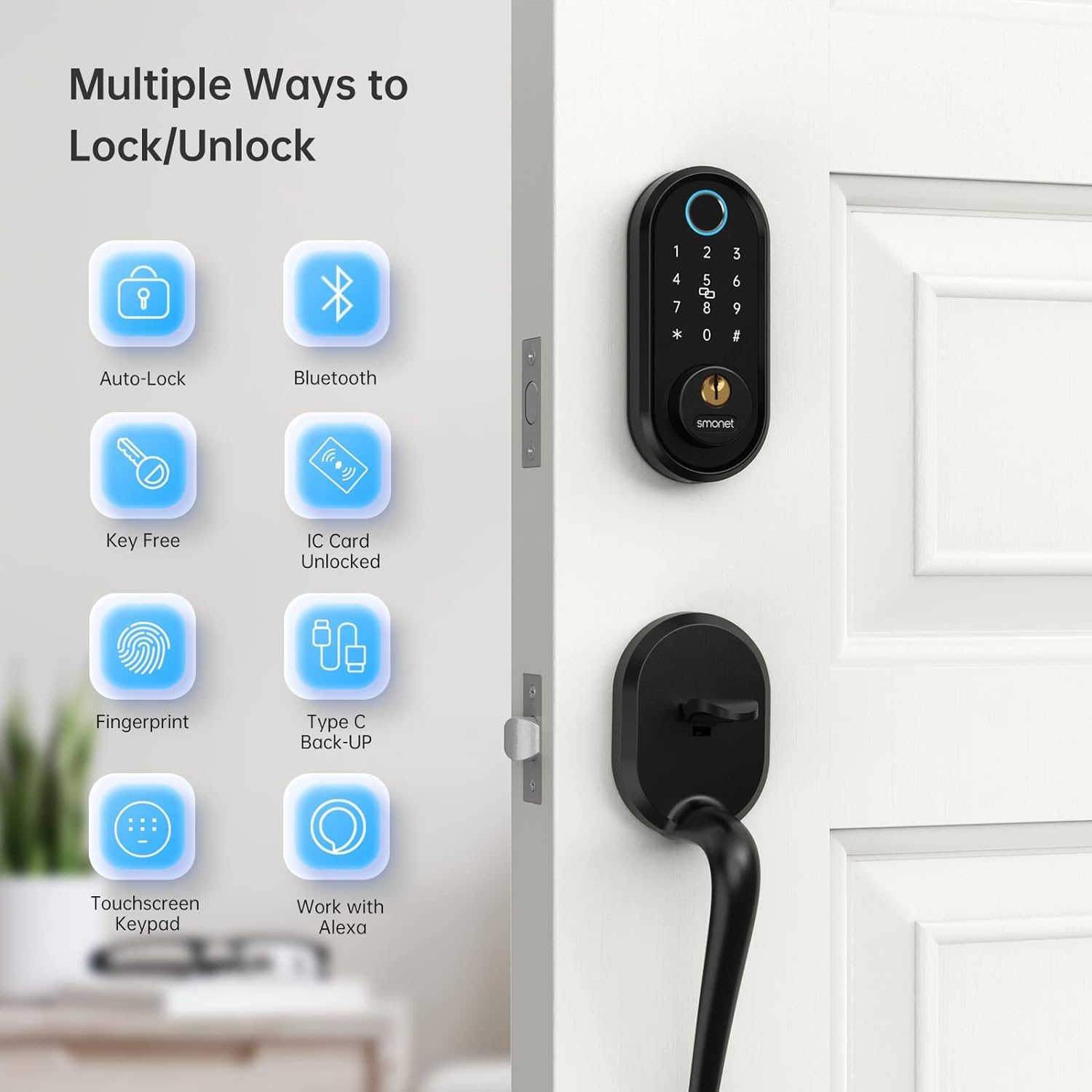 SMONET Smart Keyless Entry Door Lock - Alexa & Bluetooth Enabled Digital Keypad Deadbolt for Front Door, Black | Secure & Convenient Home Access for Families & Renters