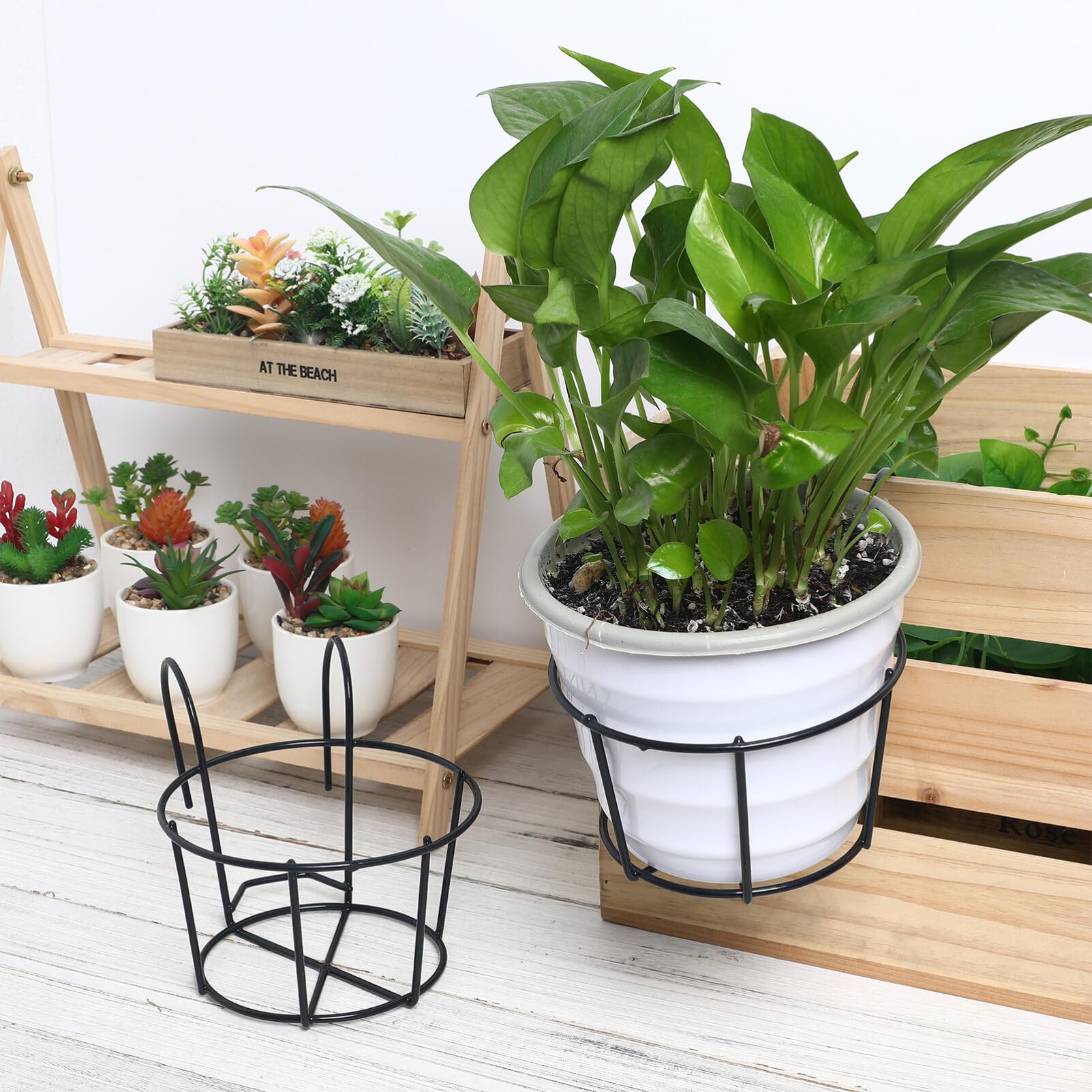 5-Piece Round Metal Hanging Planter Rack - Black Iron Wall Mounted Flower Pot Holder for Balcony, Garden & Fence Decor - Perfect for Hanging Plants, Herbs & Small Flowers