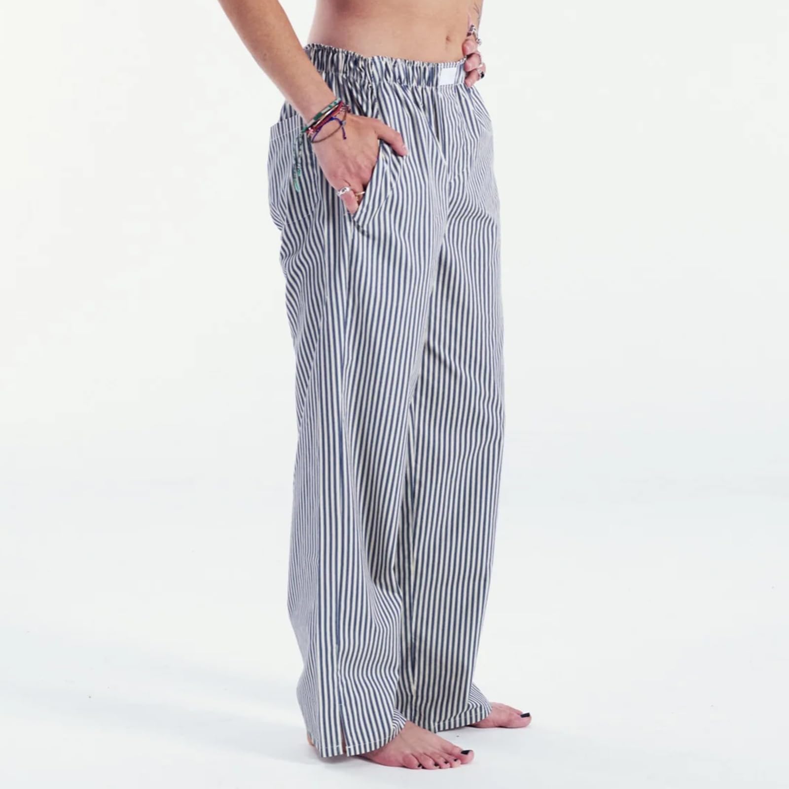 Miqil Women's Y2K Striped Wide Leg Pants - High Waist Loose Lounge Pants with Drawstring, Pinstripe Print Casual Streetwear for Women | Perfect for Everyday Wear, Office, and Night Out