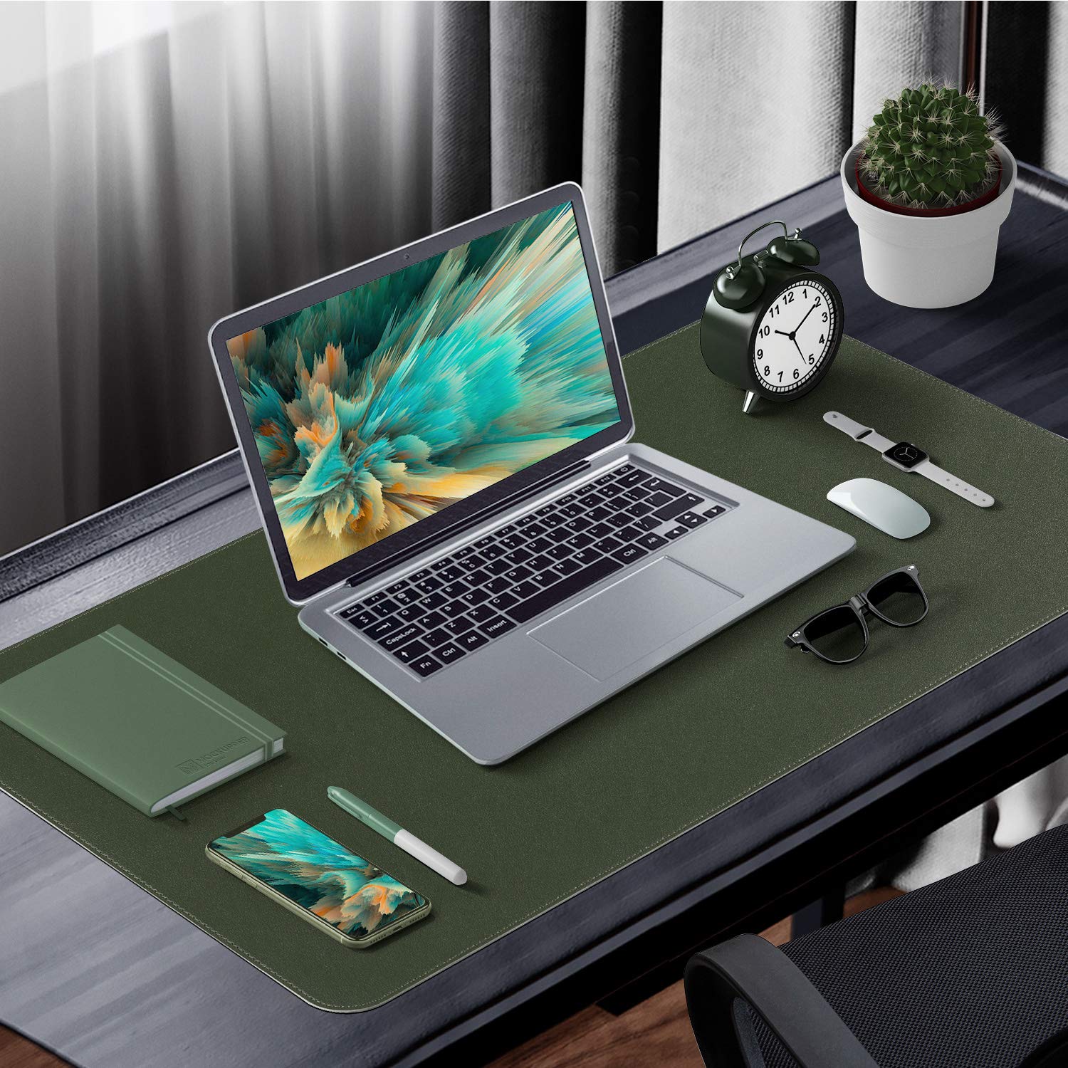 Premium PU Leather Desk Pad - Ultra Thin Waterproof Mouse Pad with Sewing Edge, Dual-Sided Writing Mat for Office & Home (Dark Green/Gray, 23.6