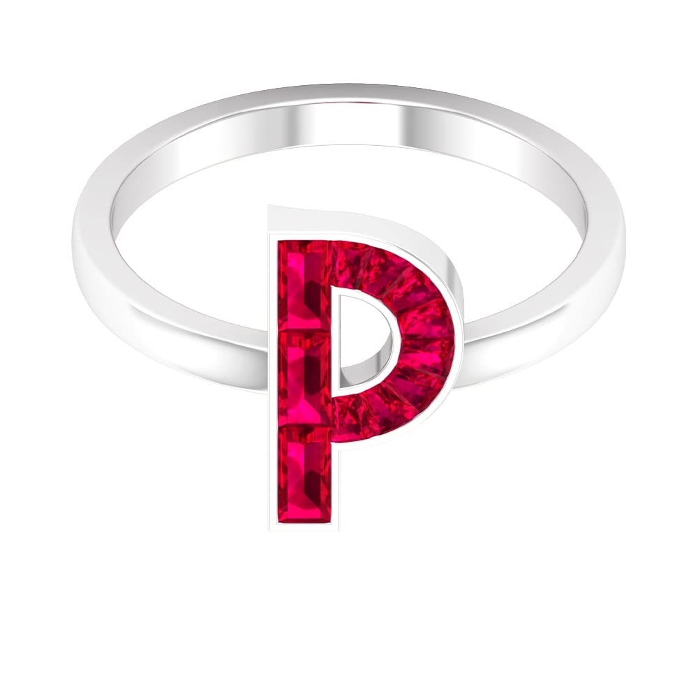 A-Z Initial Rings | Alphabet Letter Rings | Lab-Created Ruby & 14K White Gold Baguette Rings | Channel Set Personalized Jewelry for Women | Perfect for Birthdays, Anniversaries & Gifts