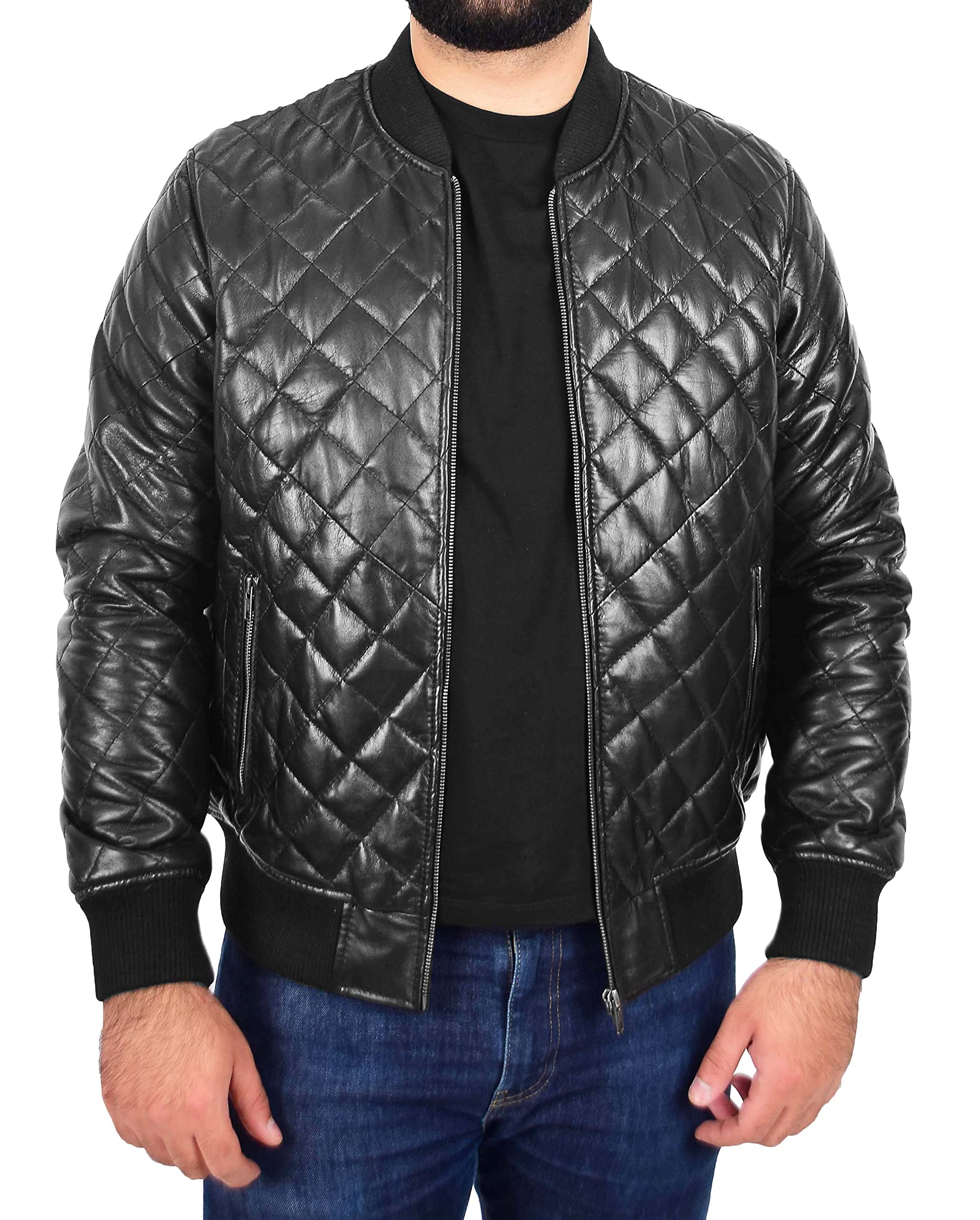 Men's Black Bomber Leather Jacket - Soft Quilted Padded Fitted Varsity Style - Perfect for Casual Wear, Motorcycle Riding & Night Out