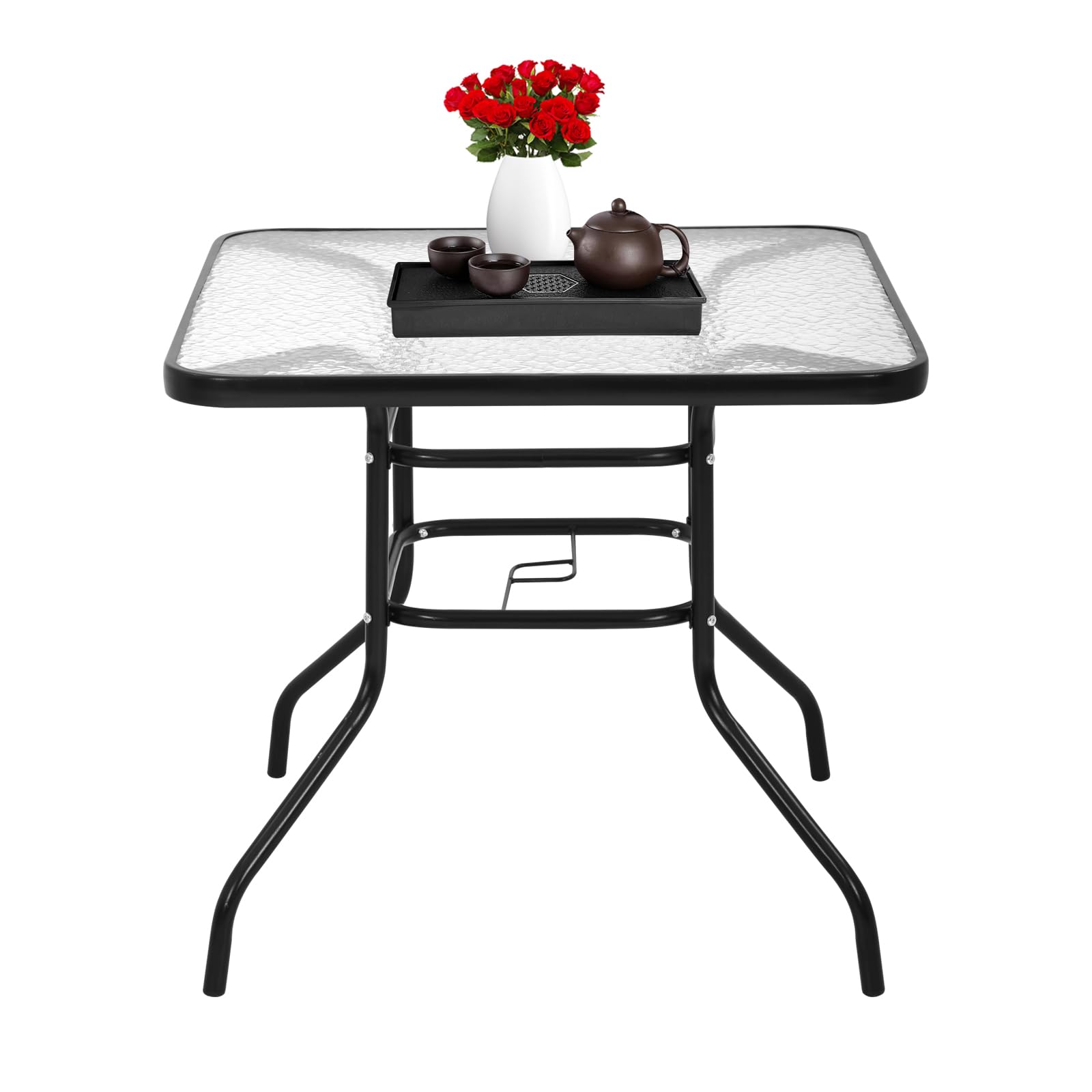 32'' Square Outdoor Bistro Table with Tempered Glass Top & Umbrella Hole - Patio Dining Set for Garden, Lawn, Balcony, Yard, Bars & Restaurants | Perfect for Al Fresco Meals, BBQs & Outdoor Entertaining