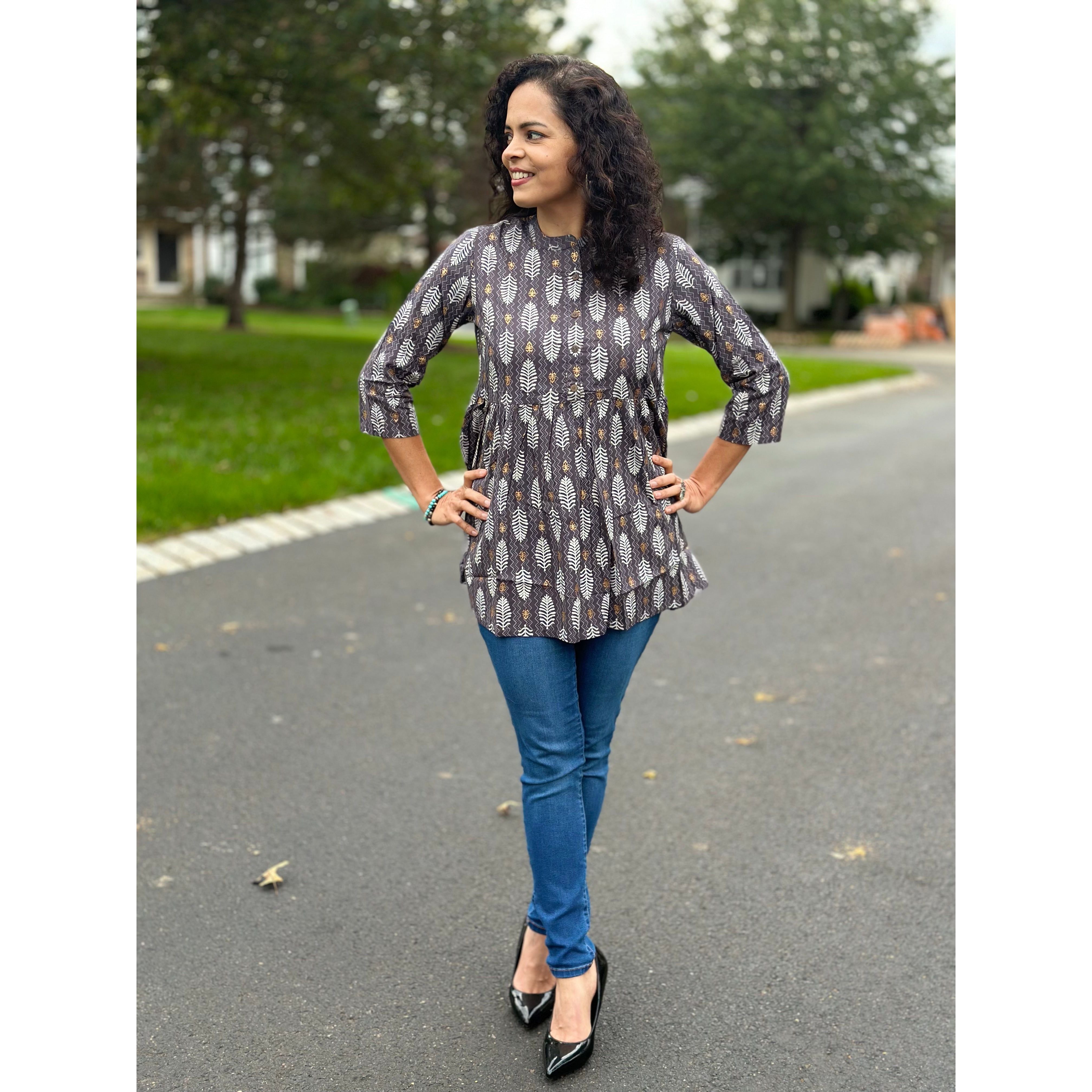 Stylish Grey and White Short Kurti for Women - Comfortable Cotton Summer Tunic Top - Perfect for Casual Wear, Parties & Festivals