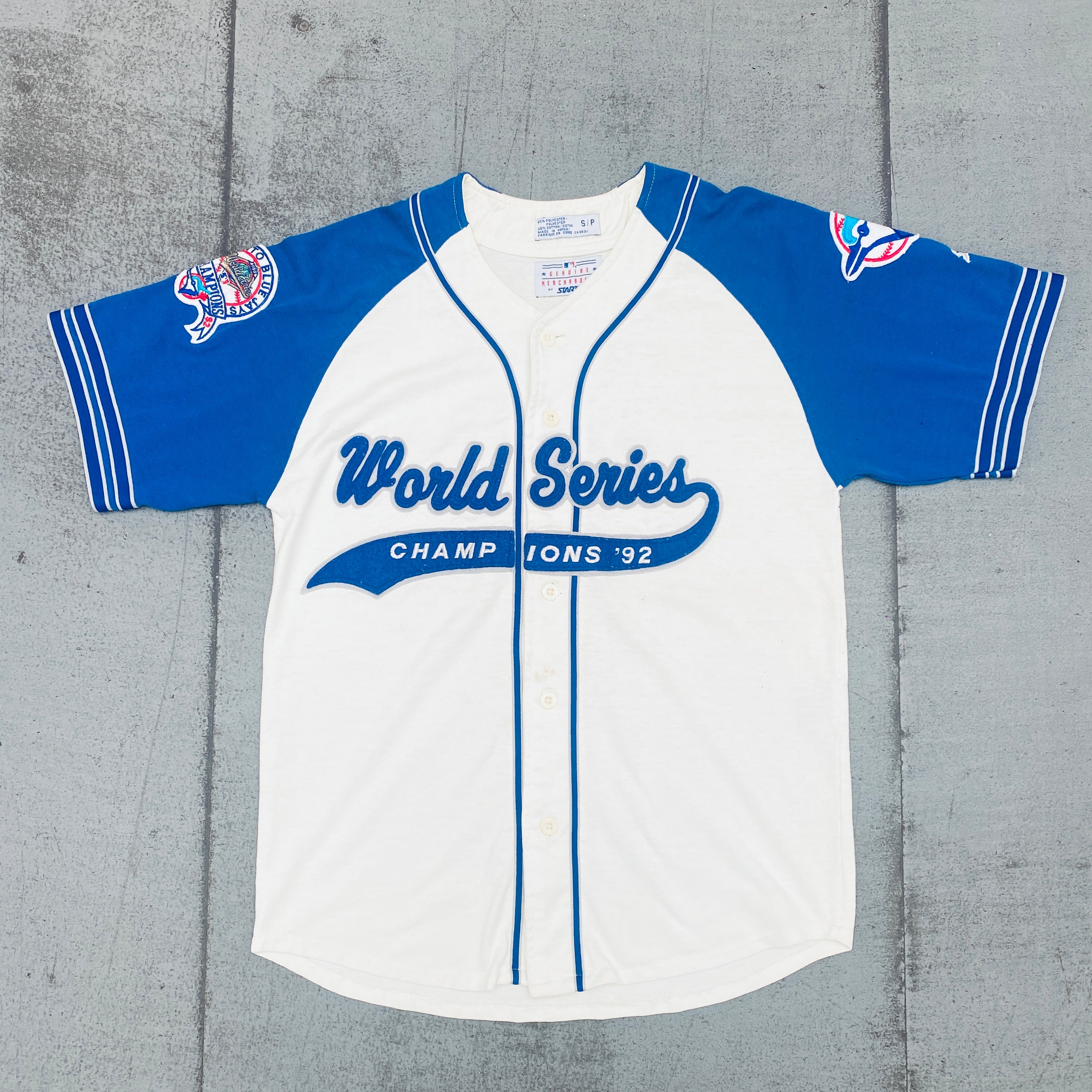 Toronto Blue Jays 1992 World Series Champions Stitched Script Spellout Starter Baseball Jersey (S/M) - Vintage MLB Fan Gear for Baseball Games & Sports Memorabilia Collection
