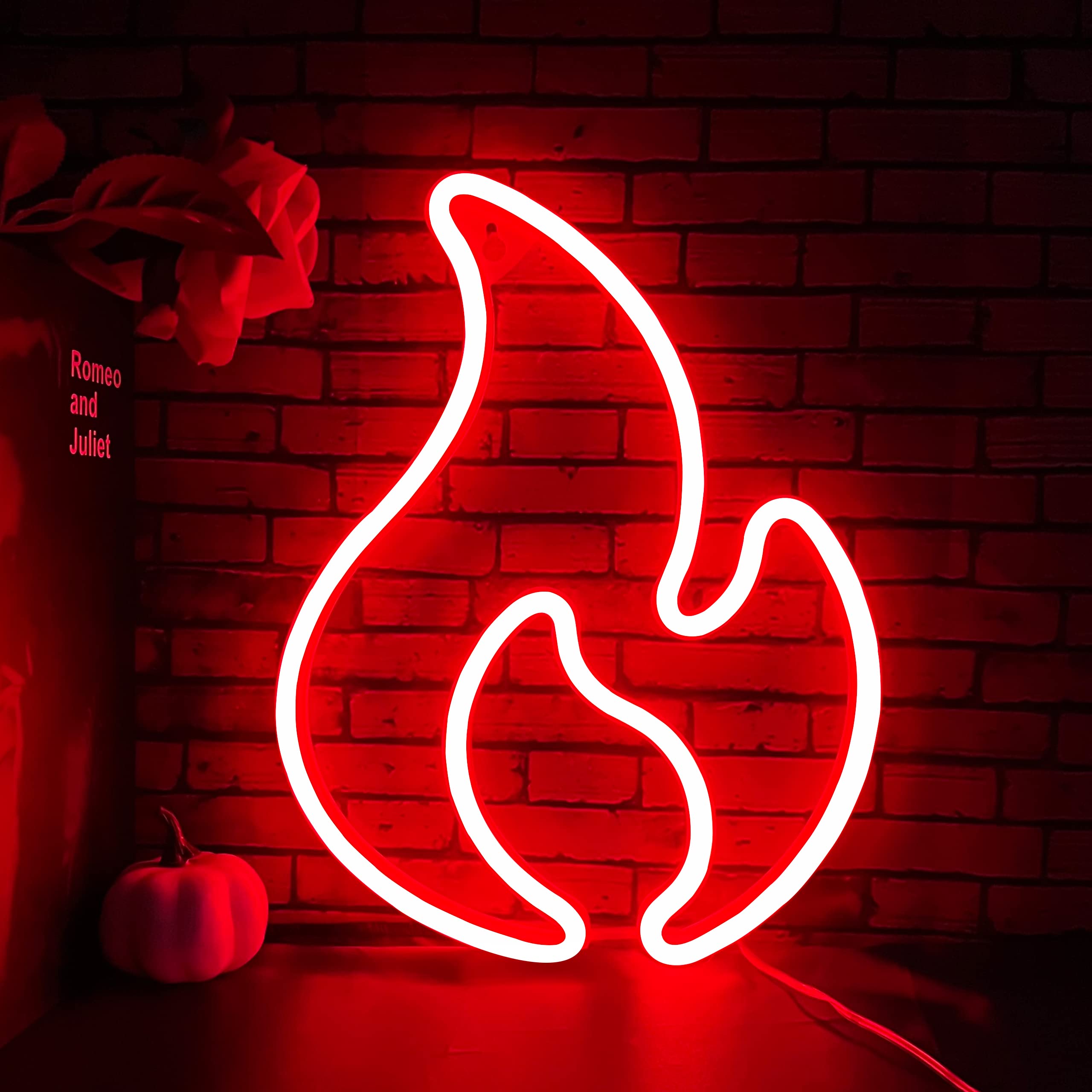 Flame Neon Sign - LED Wall Decor Light, Hanging Flame Shape, USB/Battery Powered Fire Neon Light for Kids Room, Boys Bedroom, Party, Bar & Birthday Decorations - Perfect for Themed Parties, Man Cave & Game Room Lighting