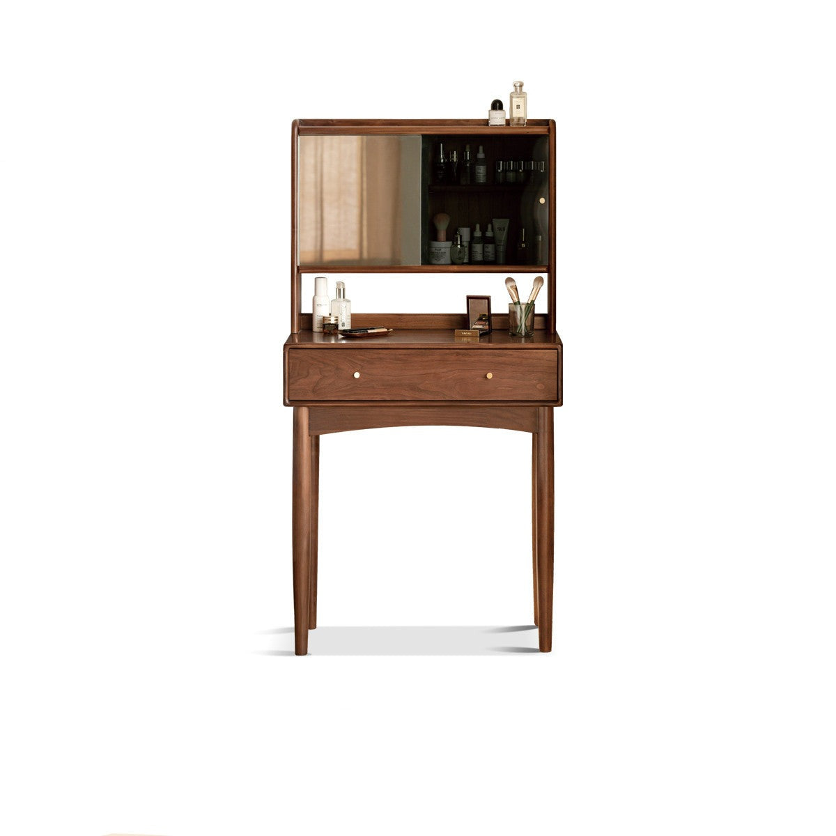 Solid Black Walnut Wood Mirror Dressing Table with Storage | Makeup Vanity Desk for Bedroom | Elegant Bedroom Furniture & Cosmetics Organizer