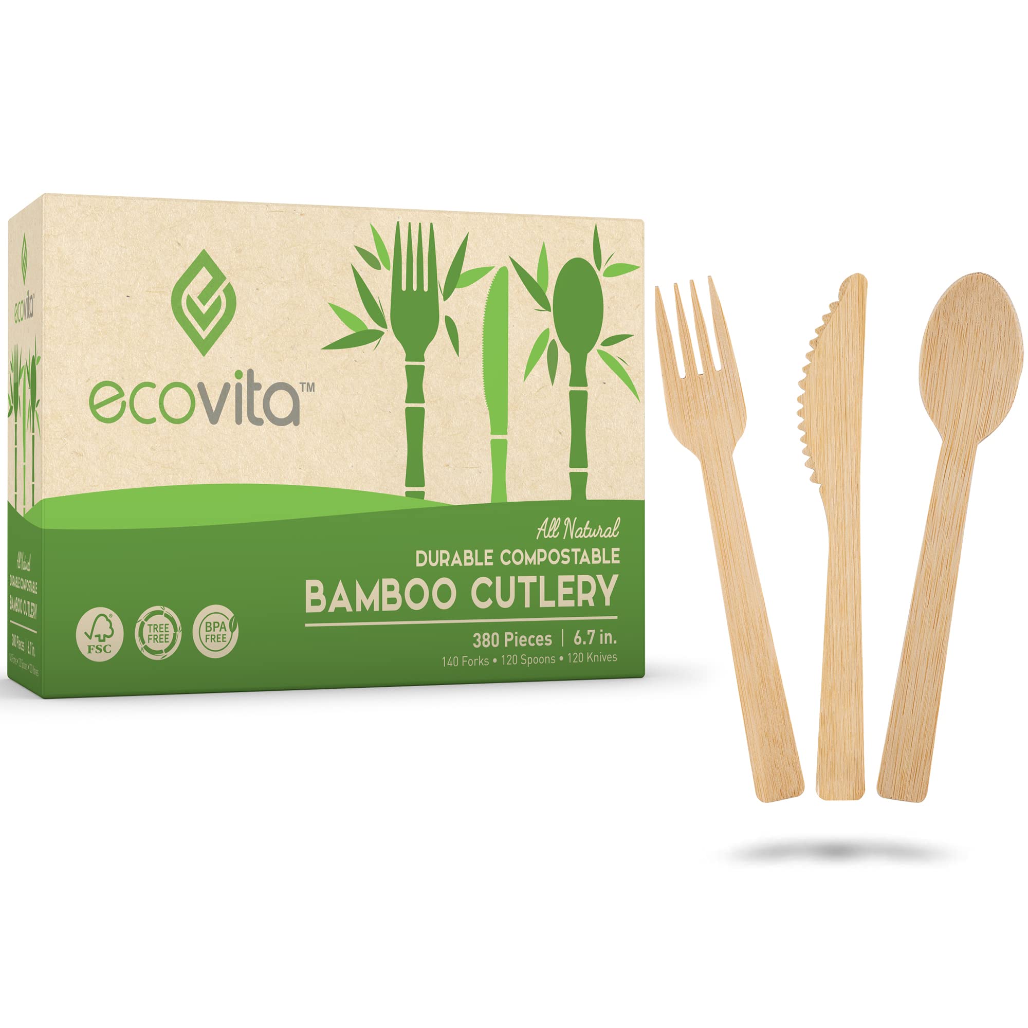 Eco-Friendly 100% Bamboo Cutlery Set - 380 Large Compostable Disposable Forks, Spoons & Knives (7 Inch) | Durable Tree-Free Alternative to Wooden Silverware with Convenient Tray | Perfect for Parties, Picnics & Outdoor Events