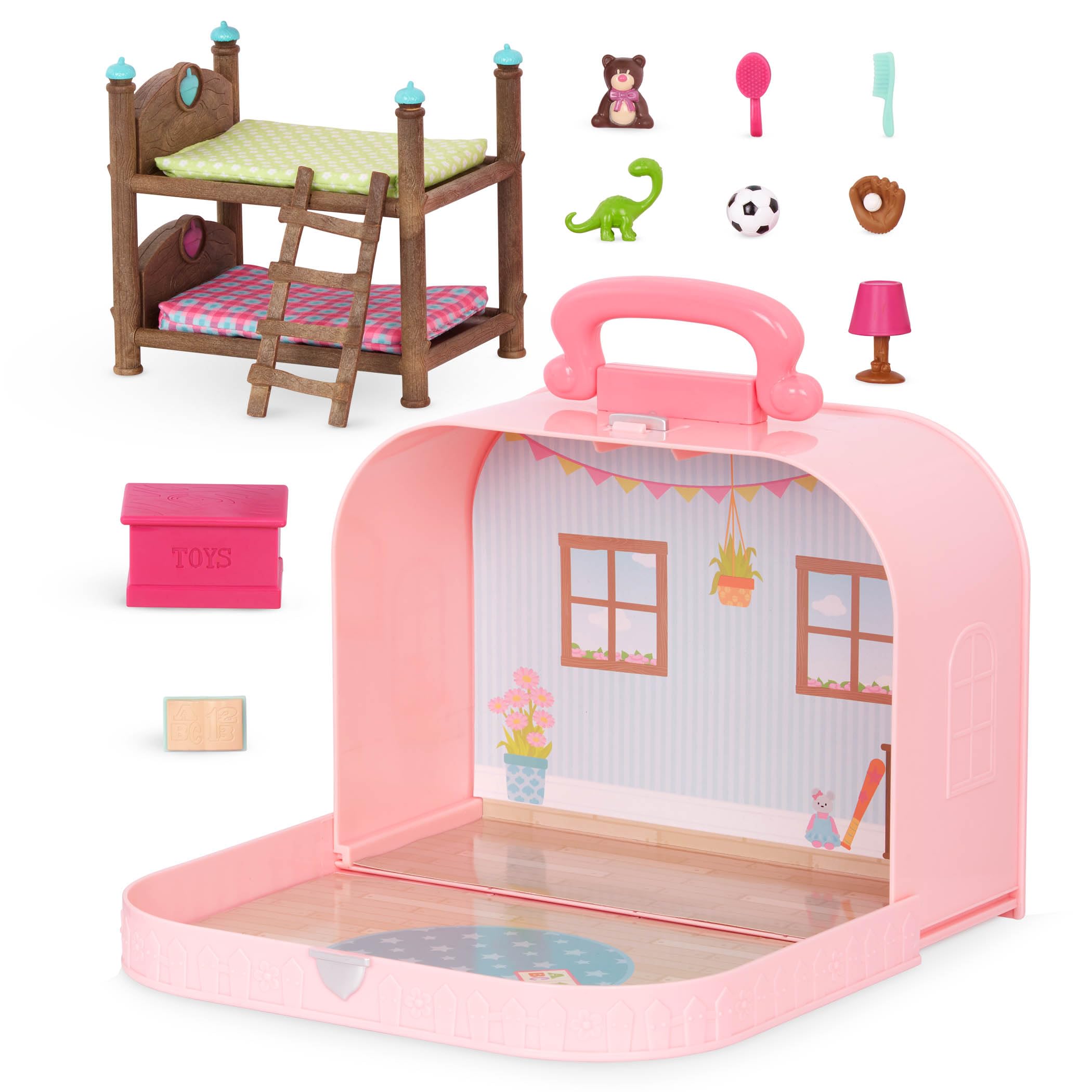 Li’l Woodzeez Bunk Beds Playset with Dollhouse Furniture & Accessories - Compact Travel Toy Suitcase for Kids Age 3+ - Perfect for Pretend Play, Travel Entertainment & On-the-Go Fun