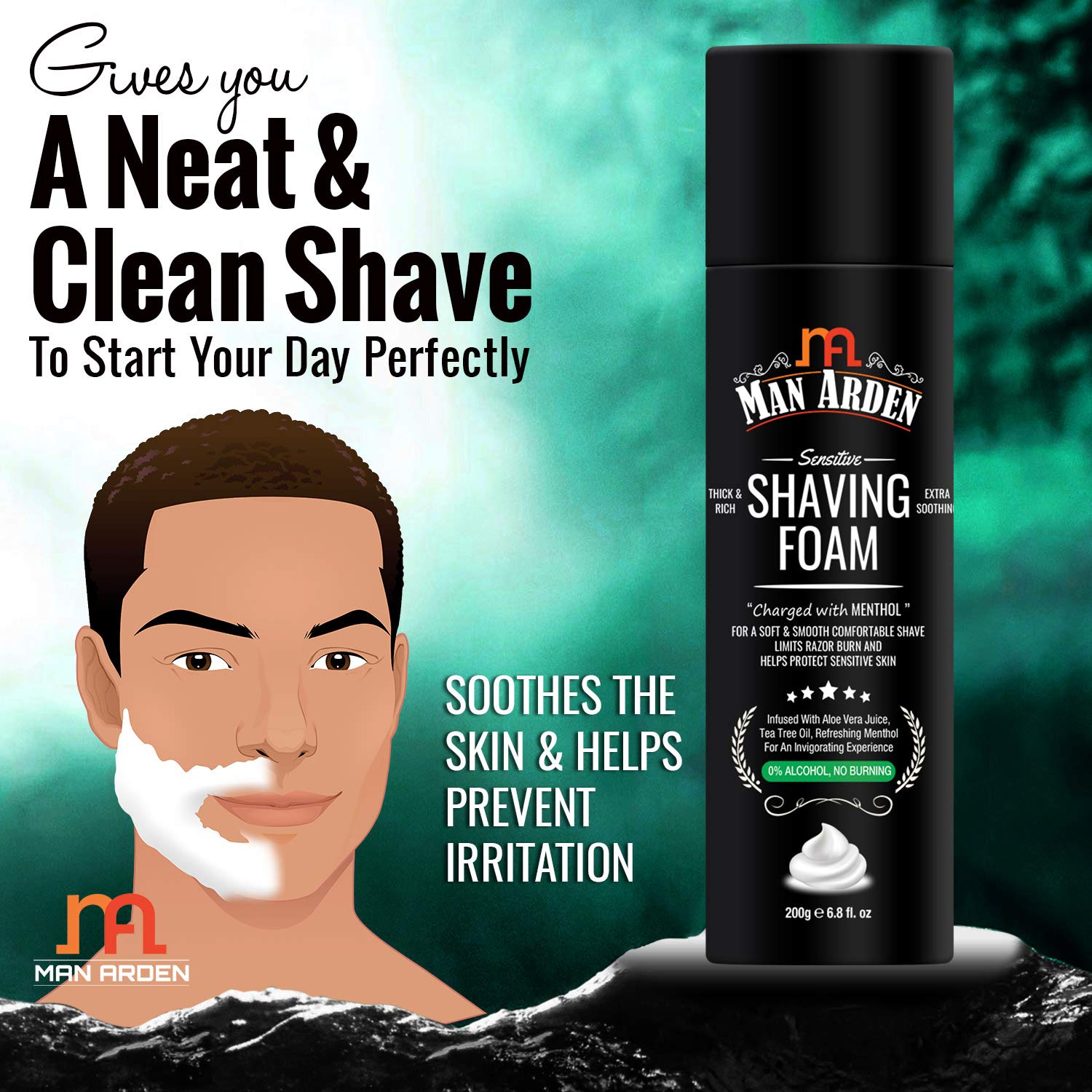 Man Arden Sensitive Skin Shaving Foam with Menthol, Aloe Vera & Tea Tree Extract - 200g for Men - Soothing & Cooling Shave for Irritated Skin - Perfect for Daily Grooming & Post-Shave Care