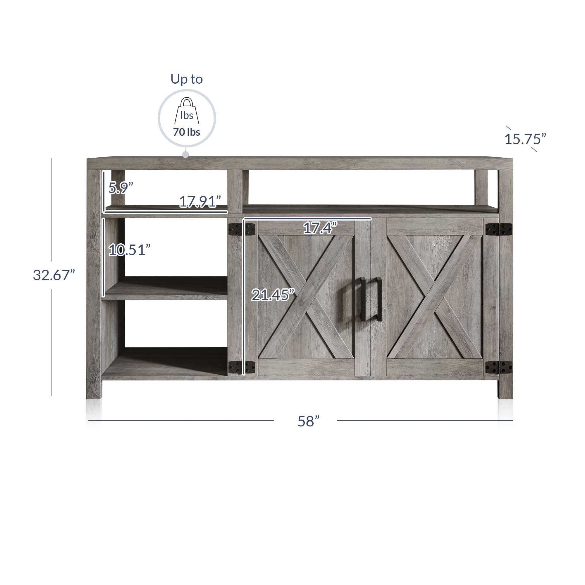 BELLEZE 58 Inch TV Stand for 65 Inch TVs - Modern Entertainment Center with Storage Shelves & Cabinet - Wood Media Console Table for Living Room & Bedroom - Gray Wash - Perfect for Home Theater Setup & Living Room Organization