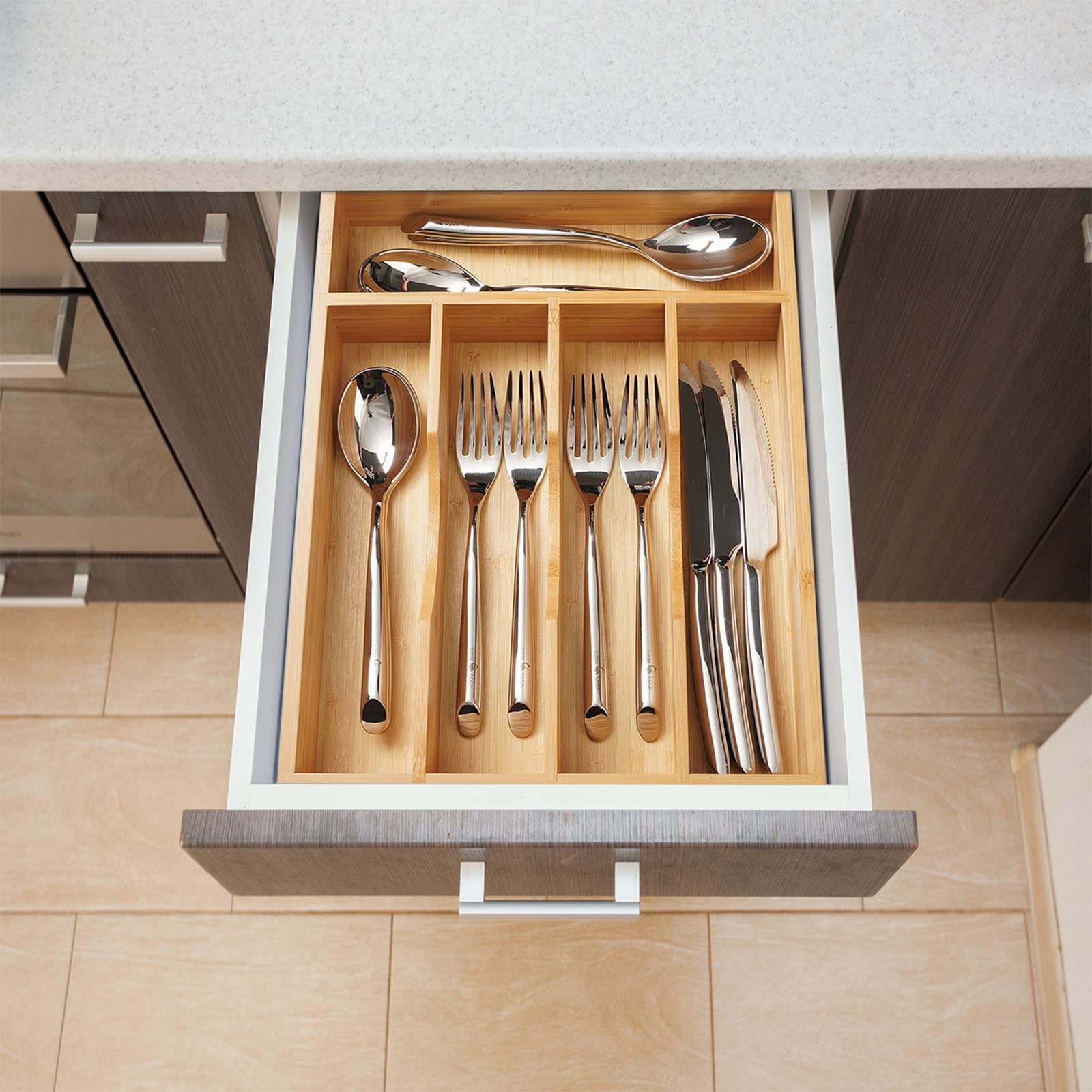 Umilife 10 Inch Bamboo Kitchen Drawer Organizer - Silverware Utensil Tray with Non-Slip Feet & Grooved Divider, 5-Slot Flatware Holder for Knives, Forks, Spoons - Perfect for Kitchen, Office, RV & Dorm Organization