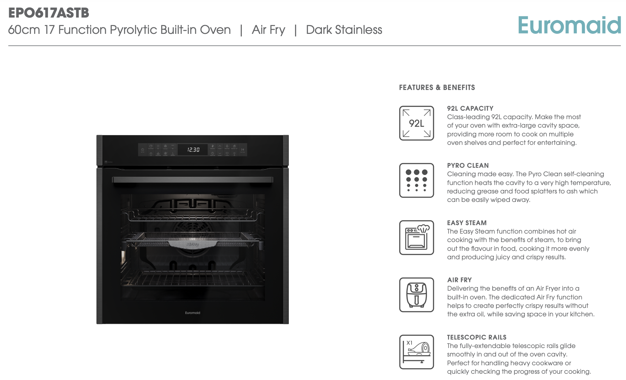Euromaid EPO617ASTB 60cm 17-Function Built-In Oven with Pyrolytic Cleaning & Air Fryer - Dark Stainless Steel for Modern Kitchens & Home Cooking