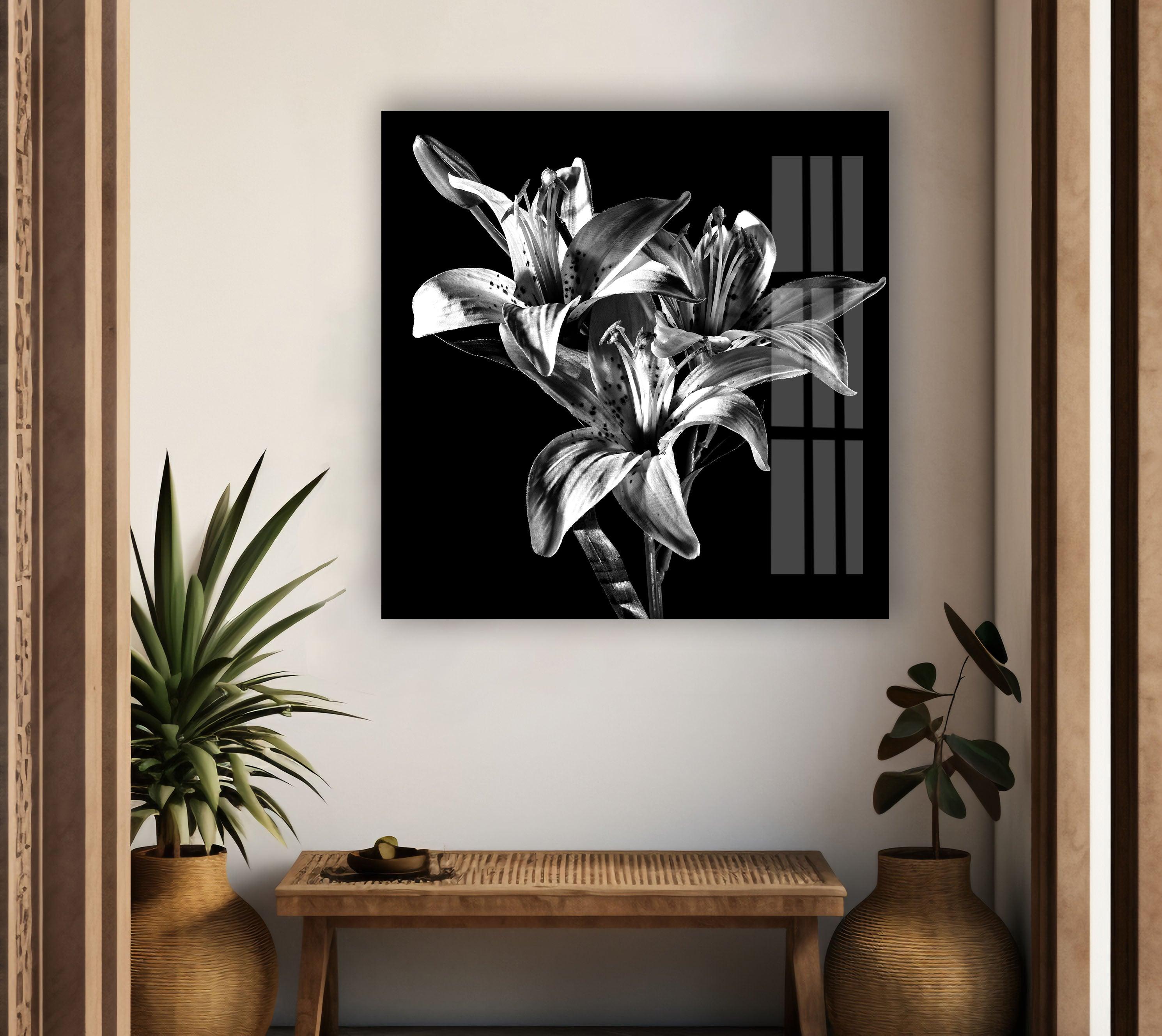 Black X-Ray Lily Flower Glass Wall Art - Elegant Home Decor for Living Room, Bedroom & Office - Perfect Gift for Housewarming, Wedding & Birthday