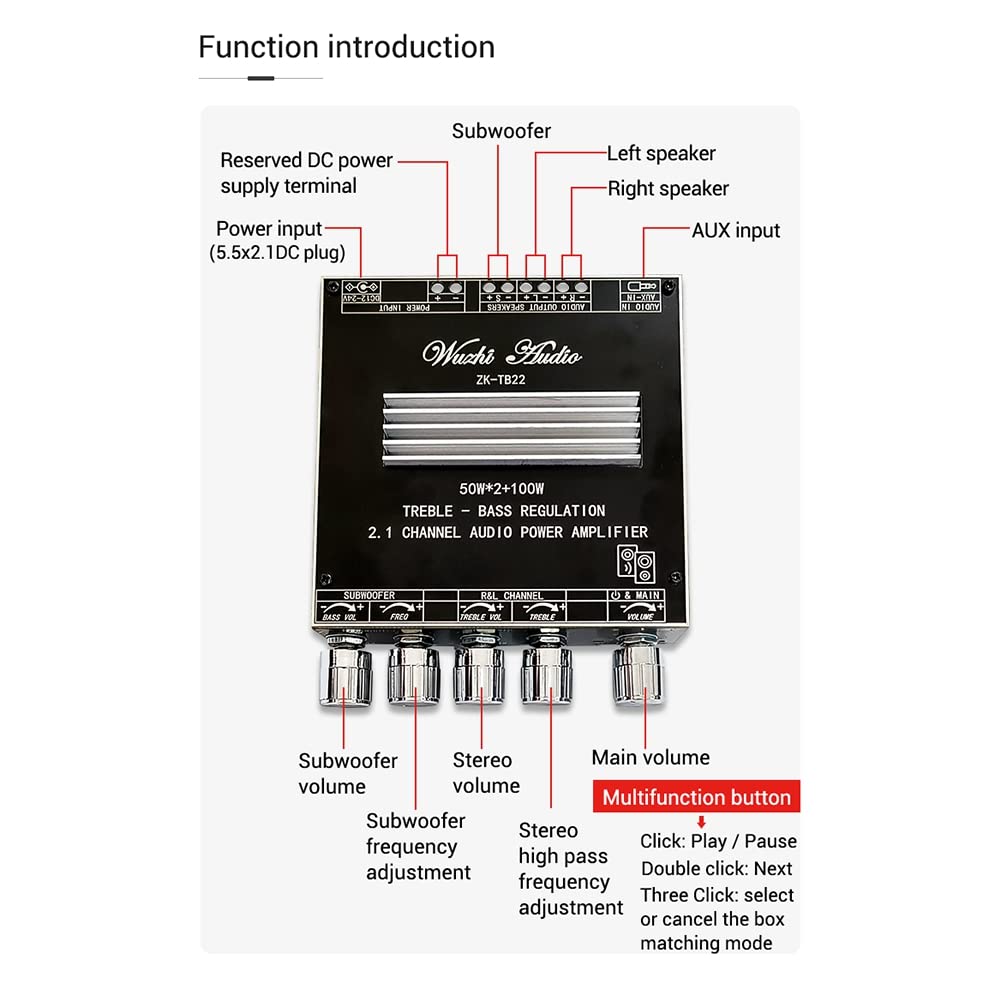 Gathukila-TB22 2.1 Channel Bluetooth Power Amplifier Board | 50Wx2 100W Mini Wireless Audio Digital Amp Module with TPA3116D2 Chip | Ideal for Home Theater, Car Audio, and Portable Speakers